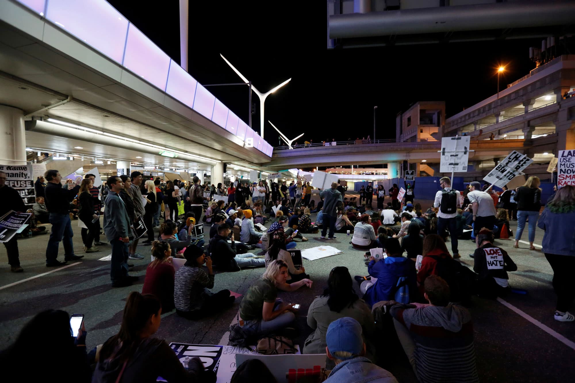 Demonstrators at LAX International Airport in Los Angeles protesting the travel ban on Sunday.