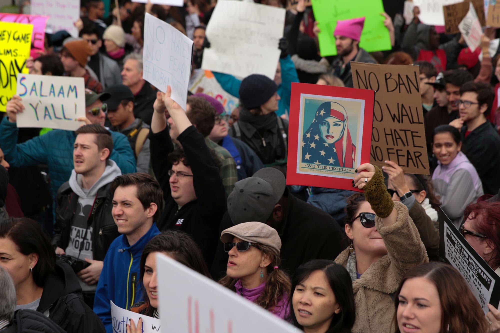 Thousands of people attend an anti-Donald Trump travel ban protest outside Hatfield-Jackson Atlanta International Airport.
