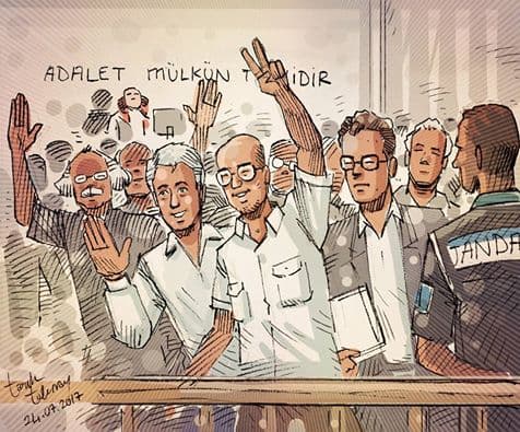 Cumhuriyet political cartoonist Musa Kart, investigative reporter Ahmet Kik and columnist Kadri Gursel in court.