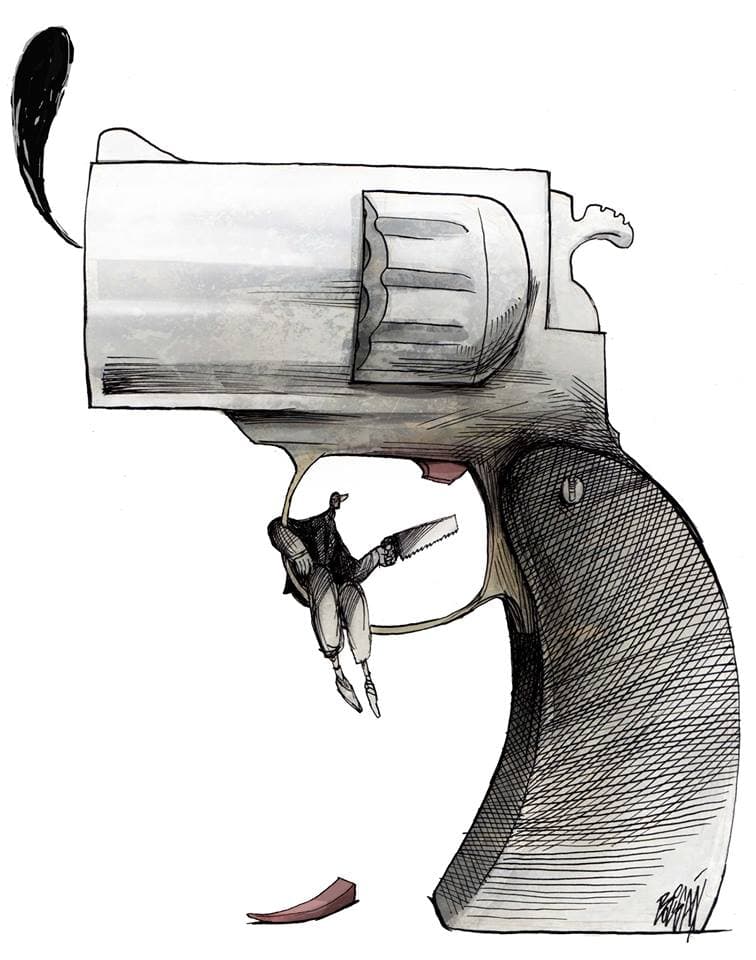 Never again. Drawn after the Las Vegas slaughter by a gunman, the worst mass shooting in American history, El Universal, October 8, 2017.