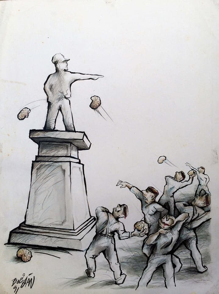 Metaphorical influences are already at play in this cartoon by Angel Boligán, drawn in 1991. He left Cuba for Mexico in 1992.