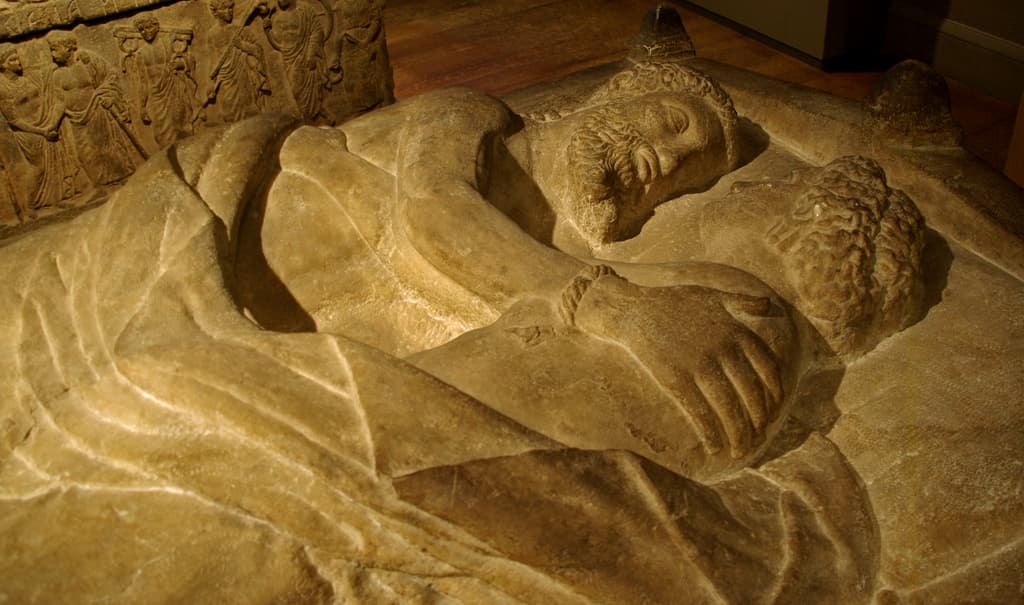 Sarcophagus and lid with husband and wife, Etruscan, 350–300 B.C., Museum of Fine Arts, Boston.