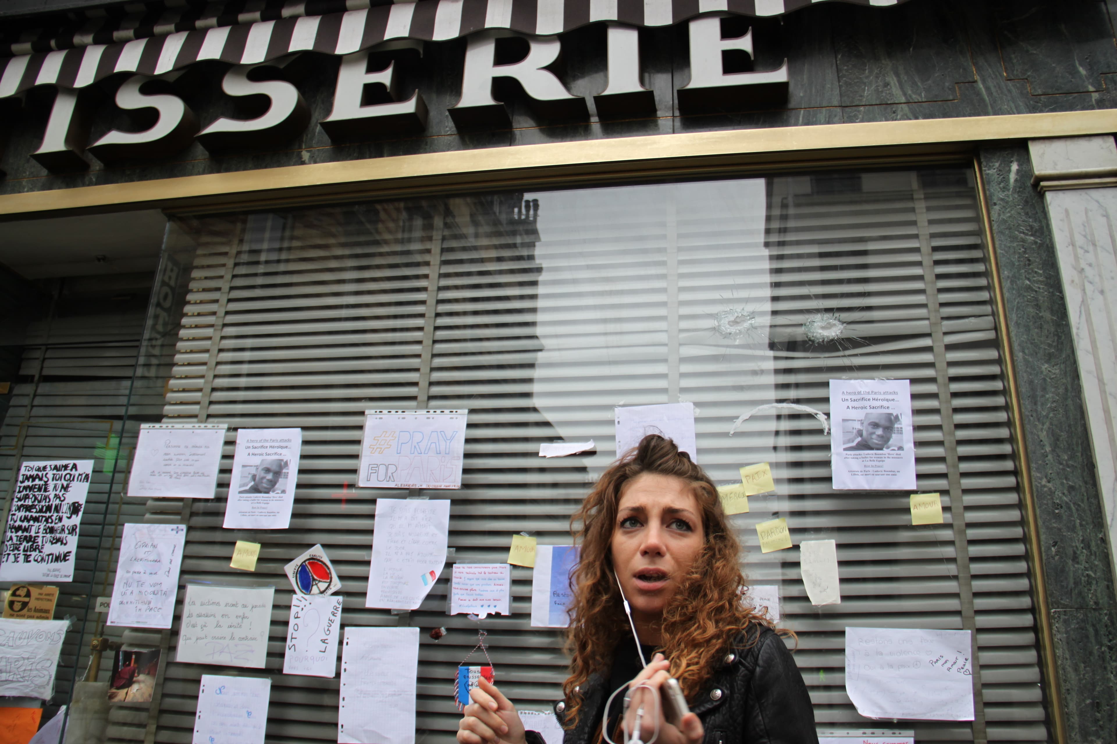 Morgane Bloncourt's favorite neighborhood patisserie is next to one of the cafes that was attacked. Two bullet holes are left in the glass window that usually displays croissants and cakes.