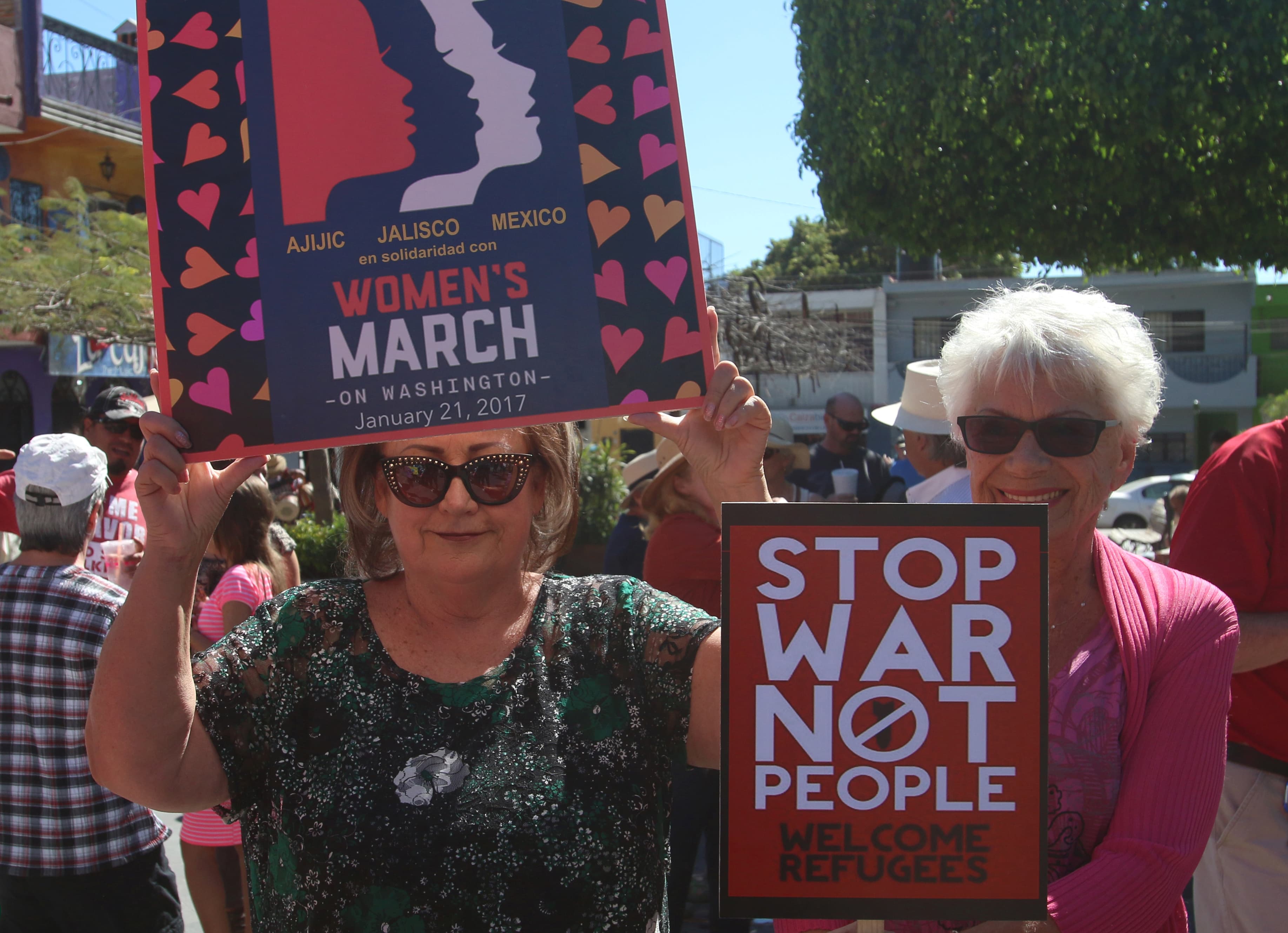 Women in Ajijic, Mexico, join the Women's March in solidarity with the March on Washington, January 21, 2017.