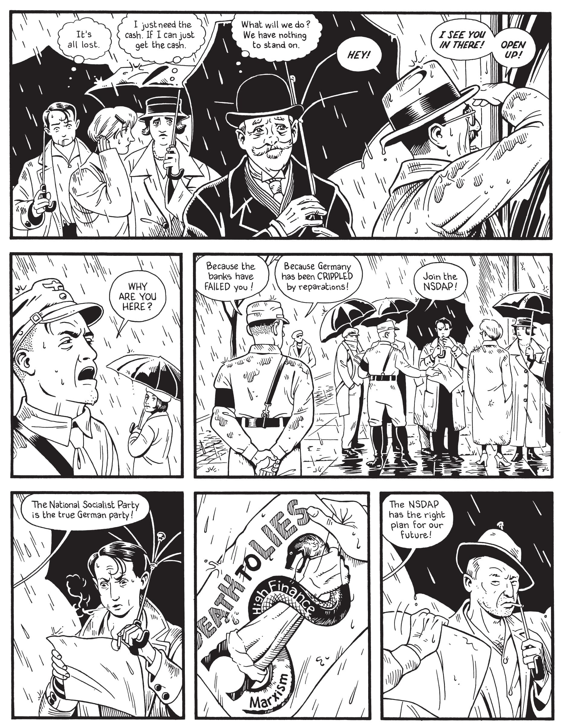 A comic depicting a line of angry customers outside a bank in Germany