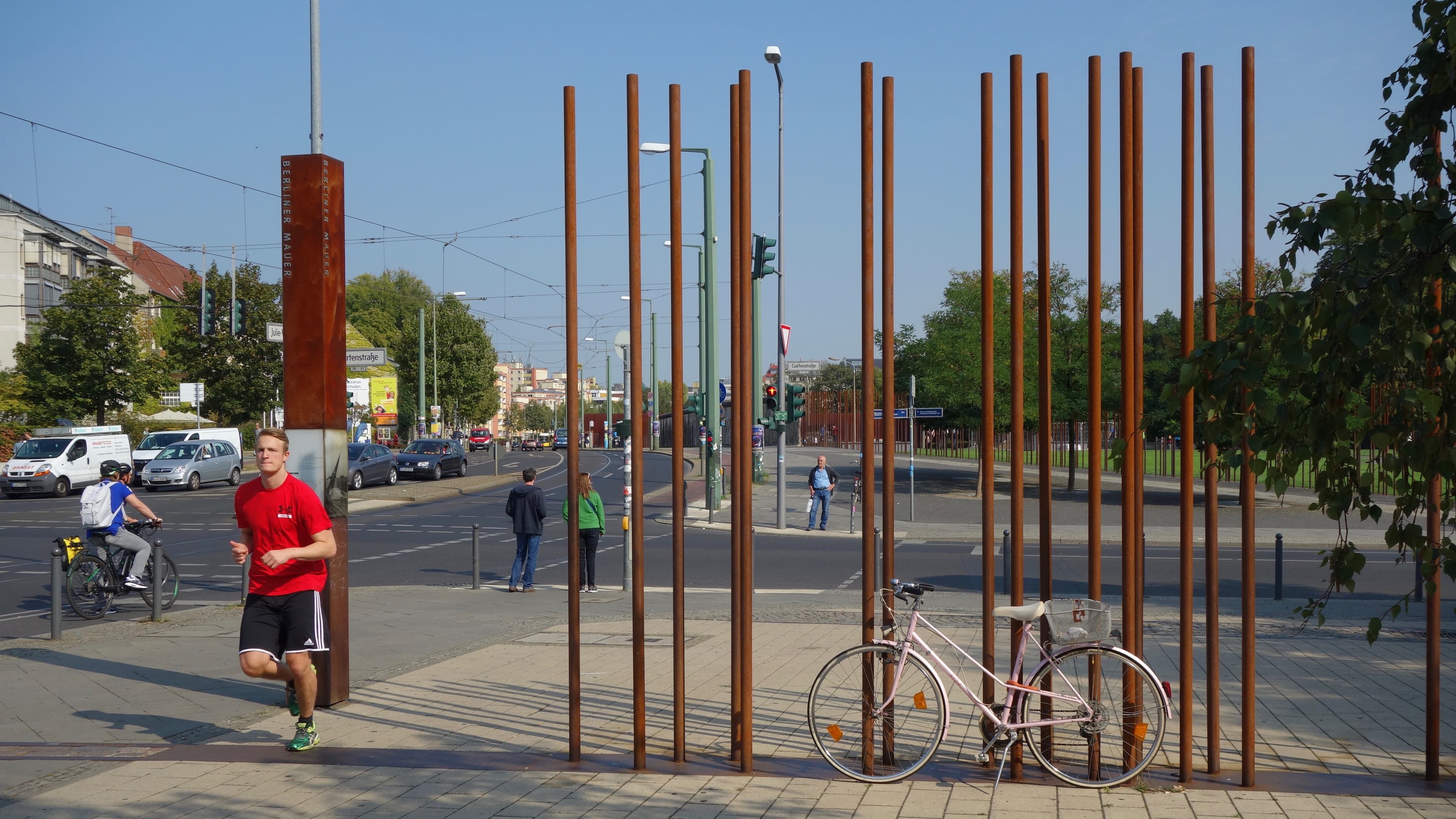 Berlin Wall Memorial wall, allows passersby to see through and walk through a place where the Wall once stood, on Bernhardstrasse