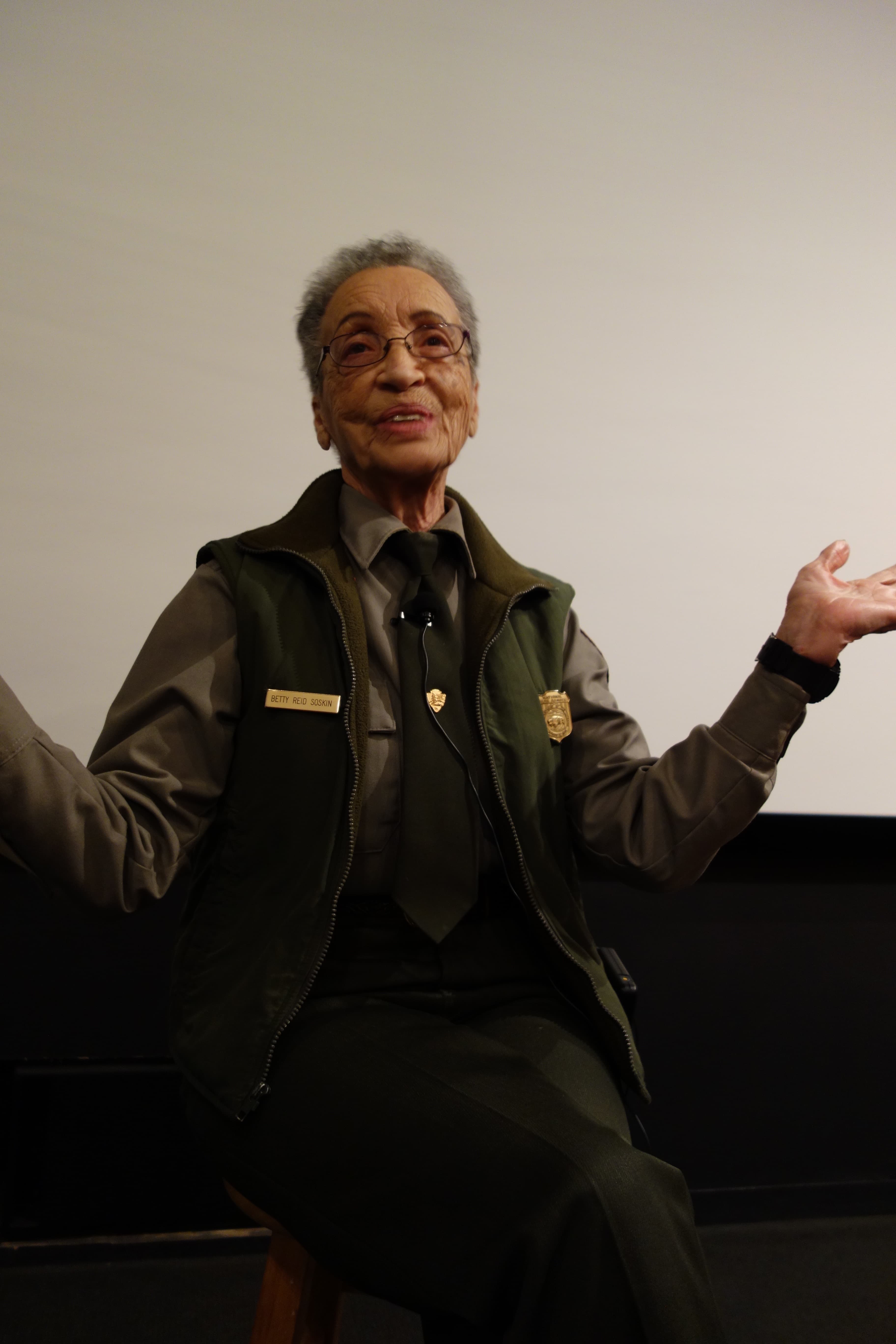Betty Soskin talking to visitors at Rosie the Riveter museum