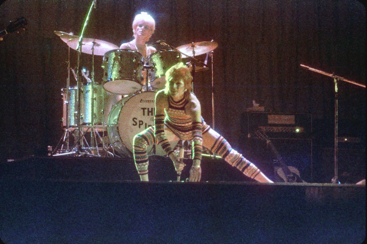 David Bowie performs onstage during his Ziggy Stardust era in 1973 in Los Angeles, California.