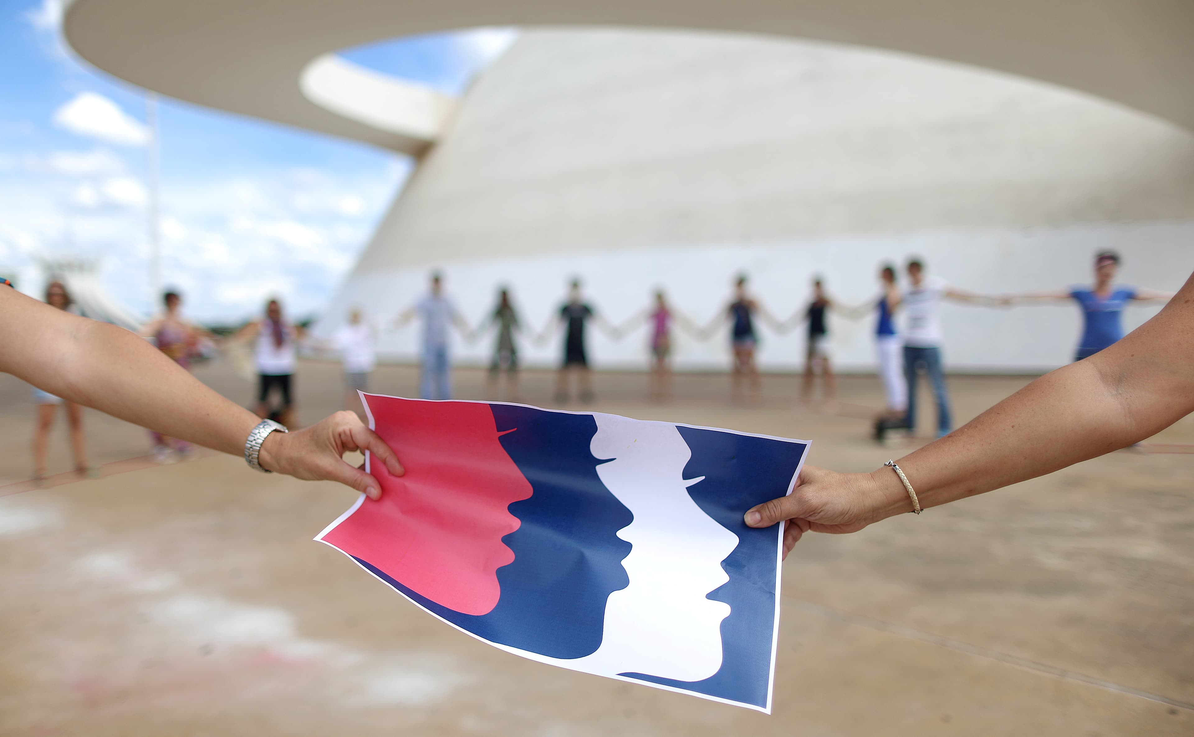Women in Brasilia, Brazil, join the Women's March in solidarity with the March on Washington, January 21, 2017.
