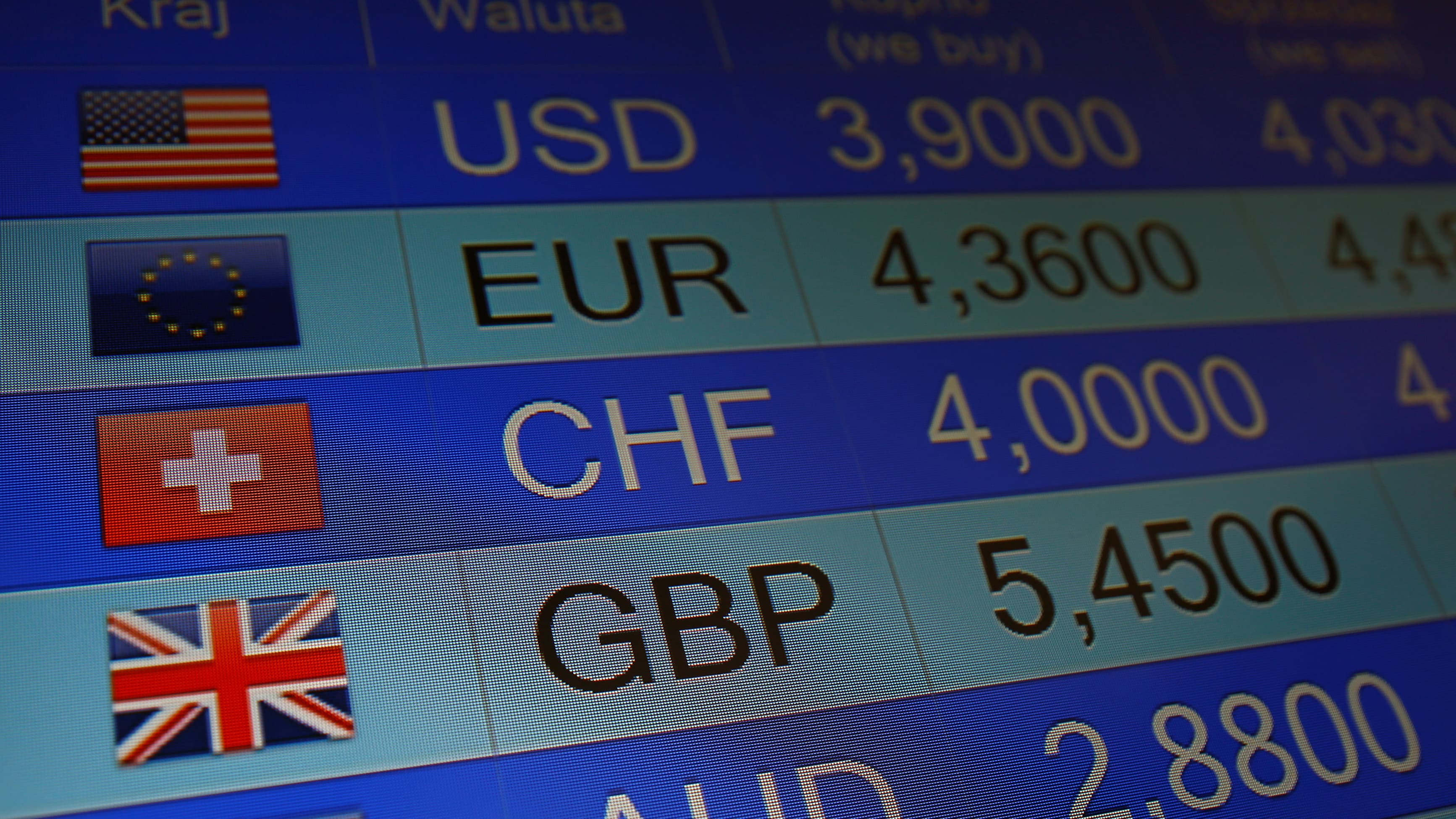 Rates of currencies, including British Pound, are displayed after Brexit referendum on an electronic board at a currency exchange in Warsaw, Poland.