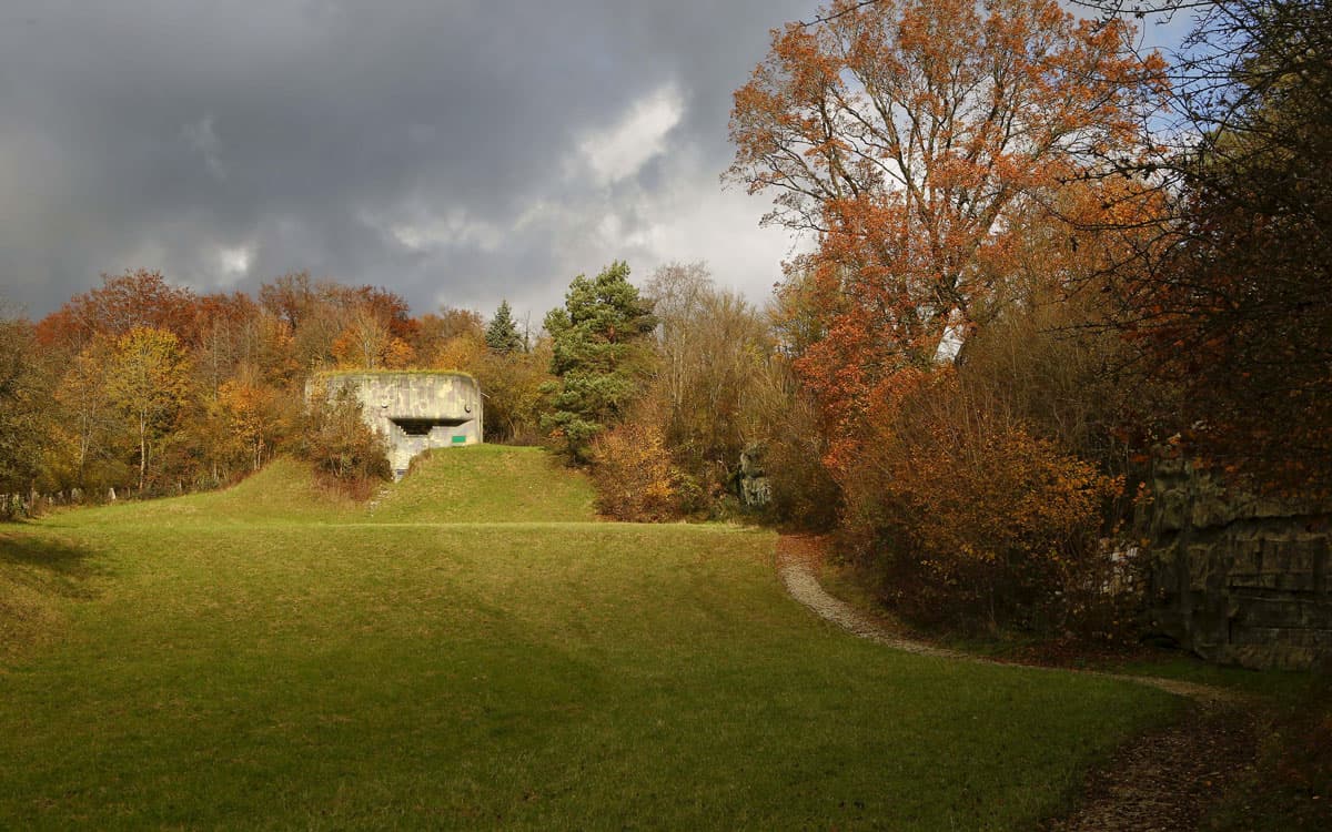 Bunkers at former Swiss artillery fortress seen on a hill near the village of Reuenthal, Switzerland. Reuenthal fortress, located on the Swiss-German border near the rivers Rhine and Aare, was built from 1937 to 1939 and remained in military use until 198