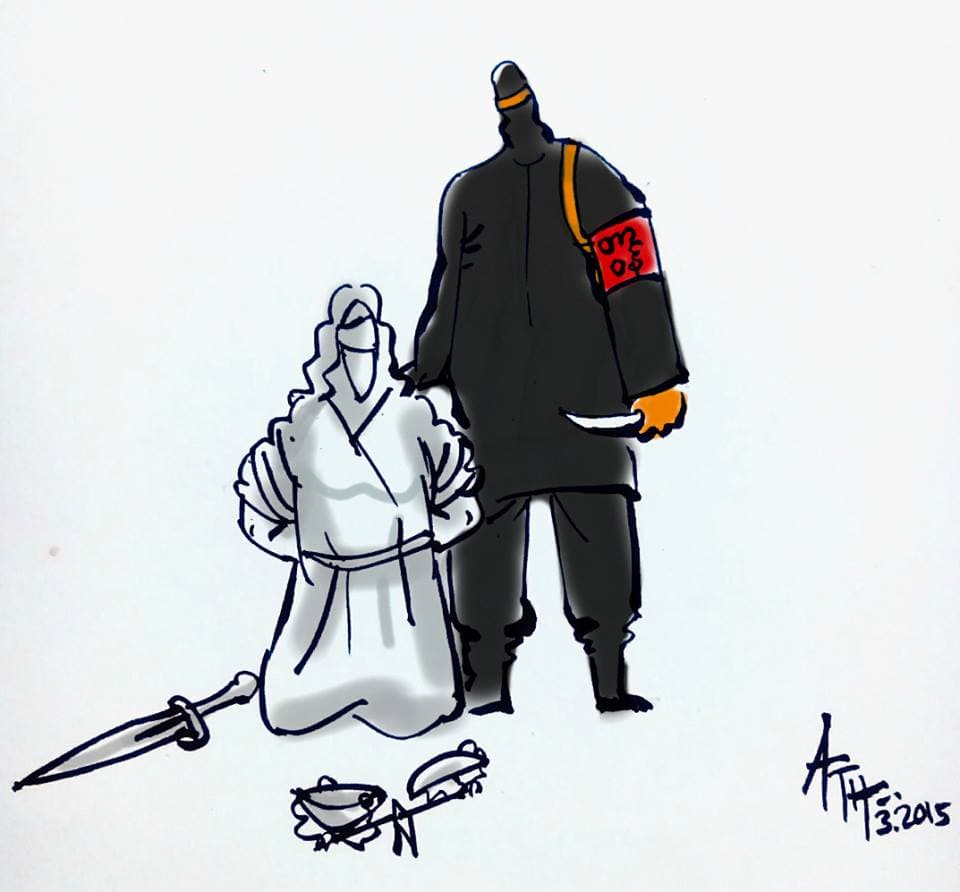 A government-hired Swan Arshin thug takes down Lady Justice, an allusion to the violent disruption of Burmese student protesters in recent weeks.