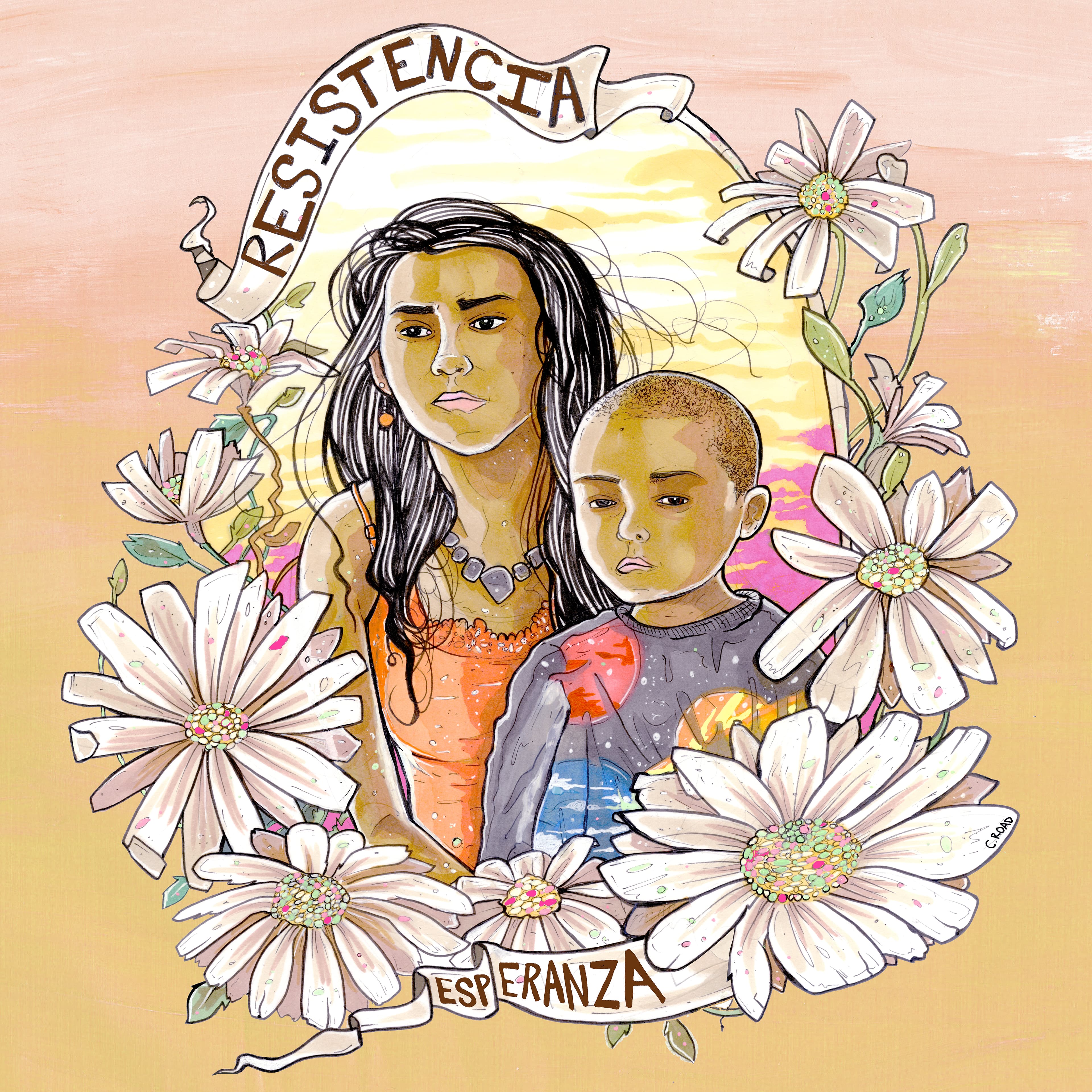 A colorful painting of children surrounded by flowers, banners