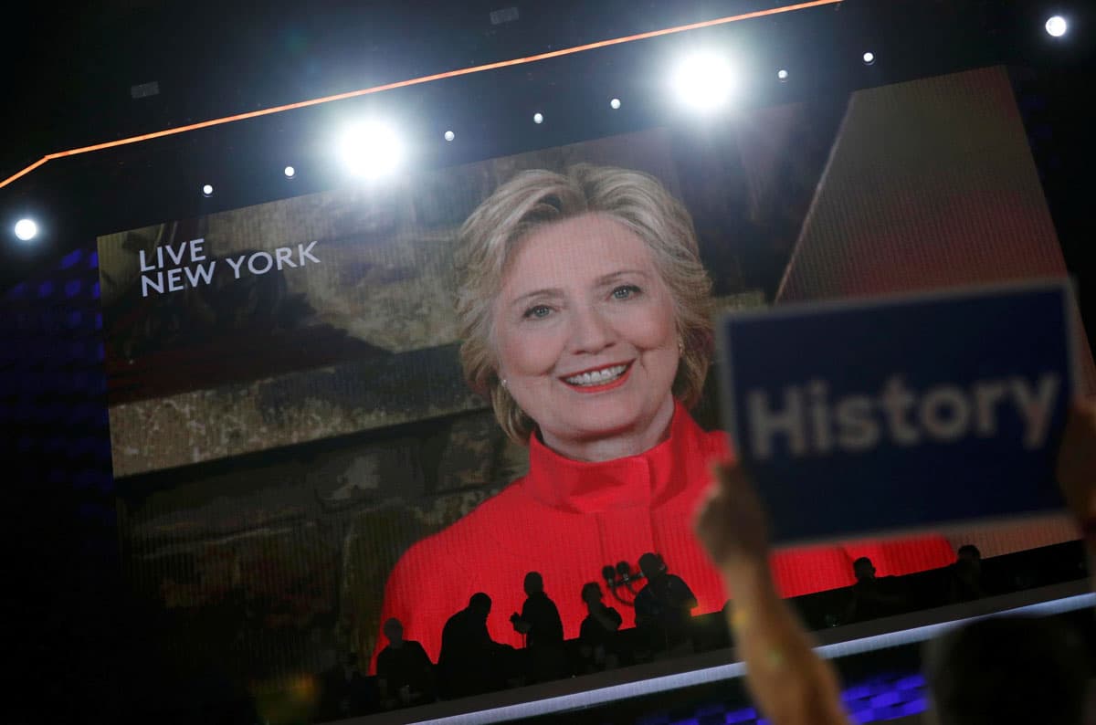 Democratic presidential nominee Hillary Clinton addresses the DNC via a live video feed from New York.