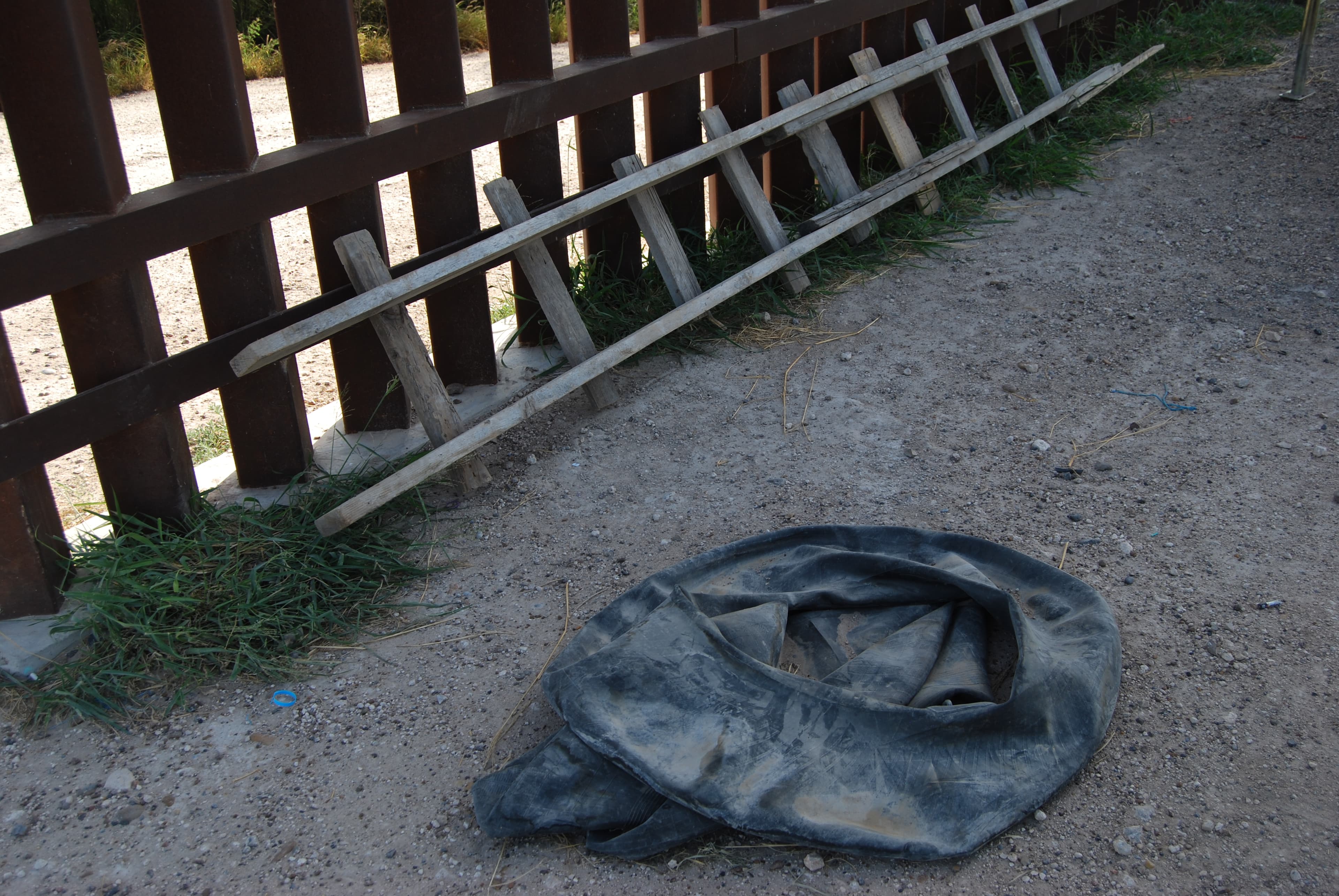 Ladders and a raft, used by migrants to cross the Rio Grande Valley and scale the border wall.
