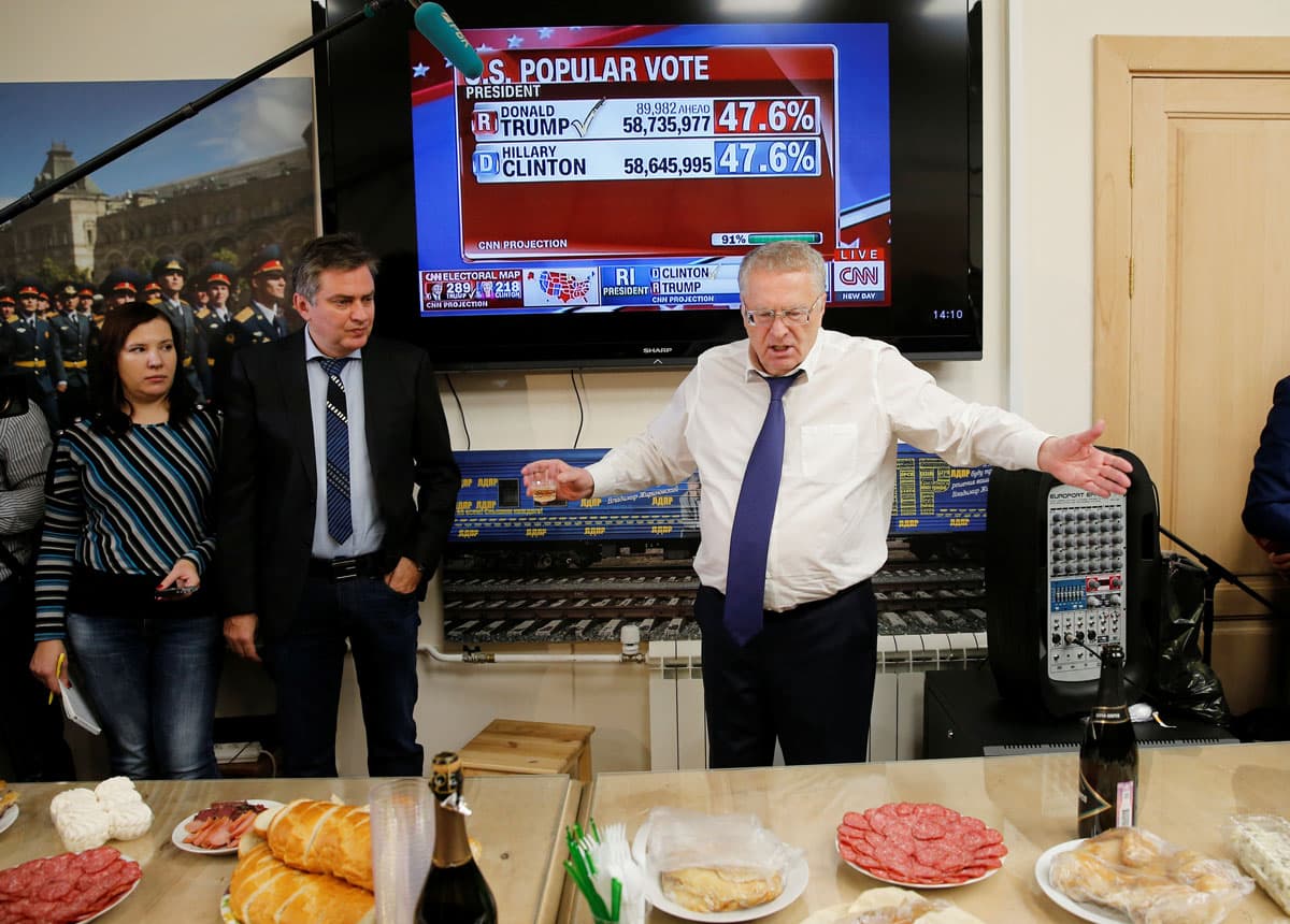 Head of the Liberal Democratic Party of Russia Vladimir Zhirinovsky celebrates Donald Trump's election as president by drinking sparkling wine with other party members in Moscow.