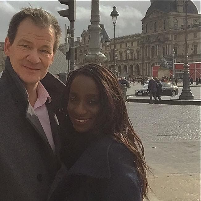 British actress Femi Taylor hugs her Danish friend Claus Skytte Kamper for the social media campaign, #hugabrit, to keep Britain in the European Union.