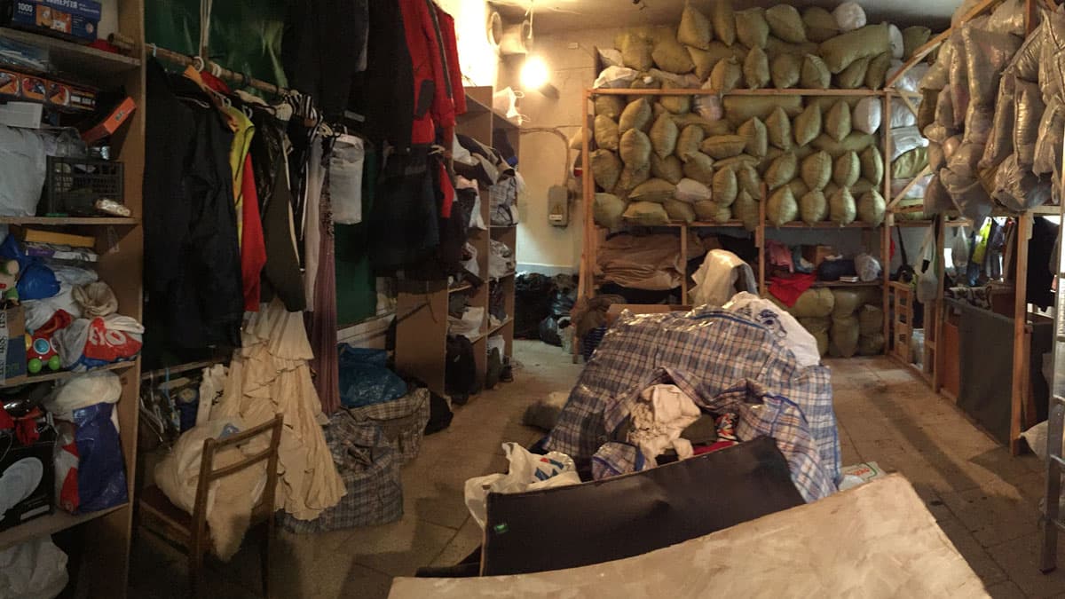 Donations have piled up at a volunteer ­run center in Kiev, so they’ve been bagged up to send to other regions of Ukraine where the internally displaced have less help.