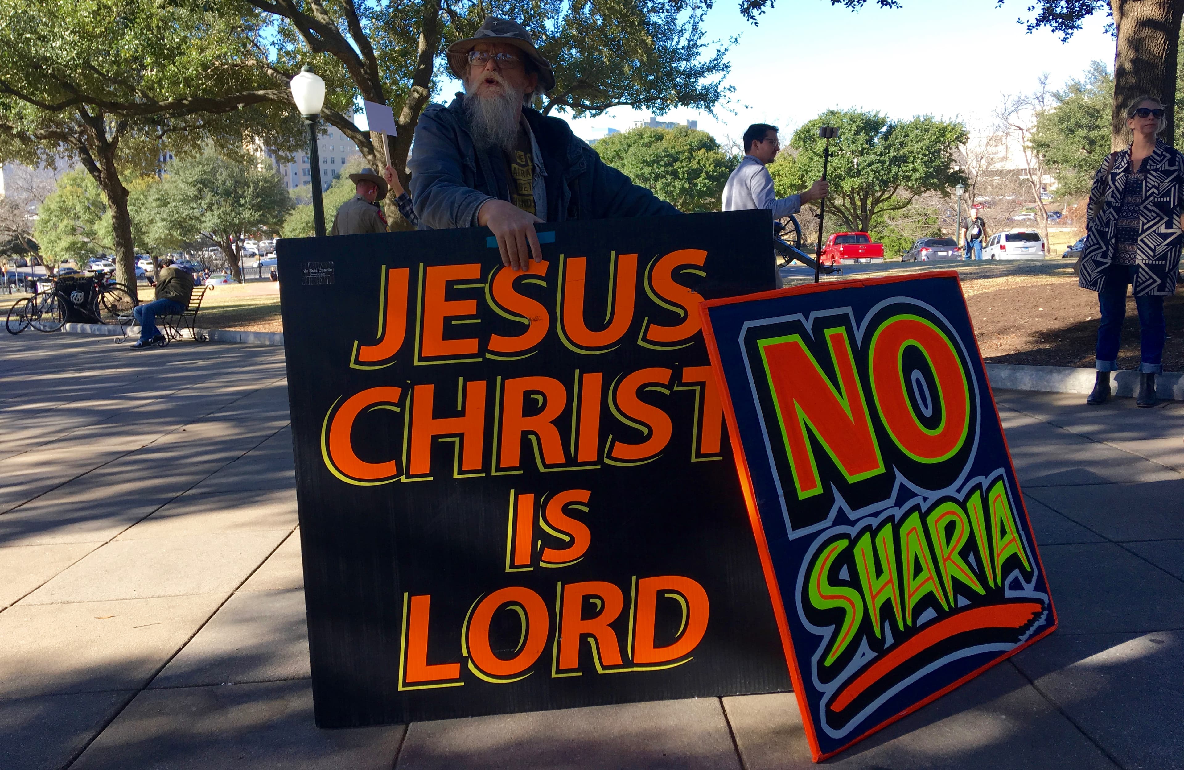 Very few anti-Muslim protesters showed up at this week's rally in Austin, but this man made himself heard.