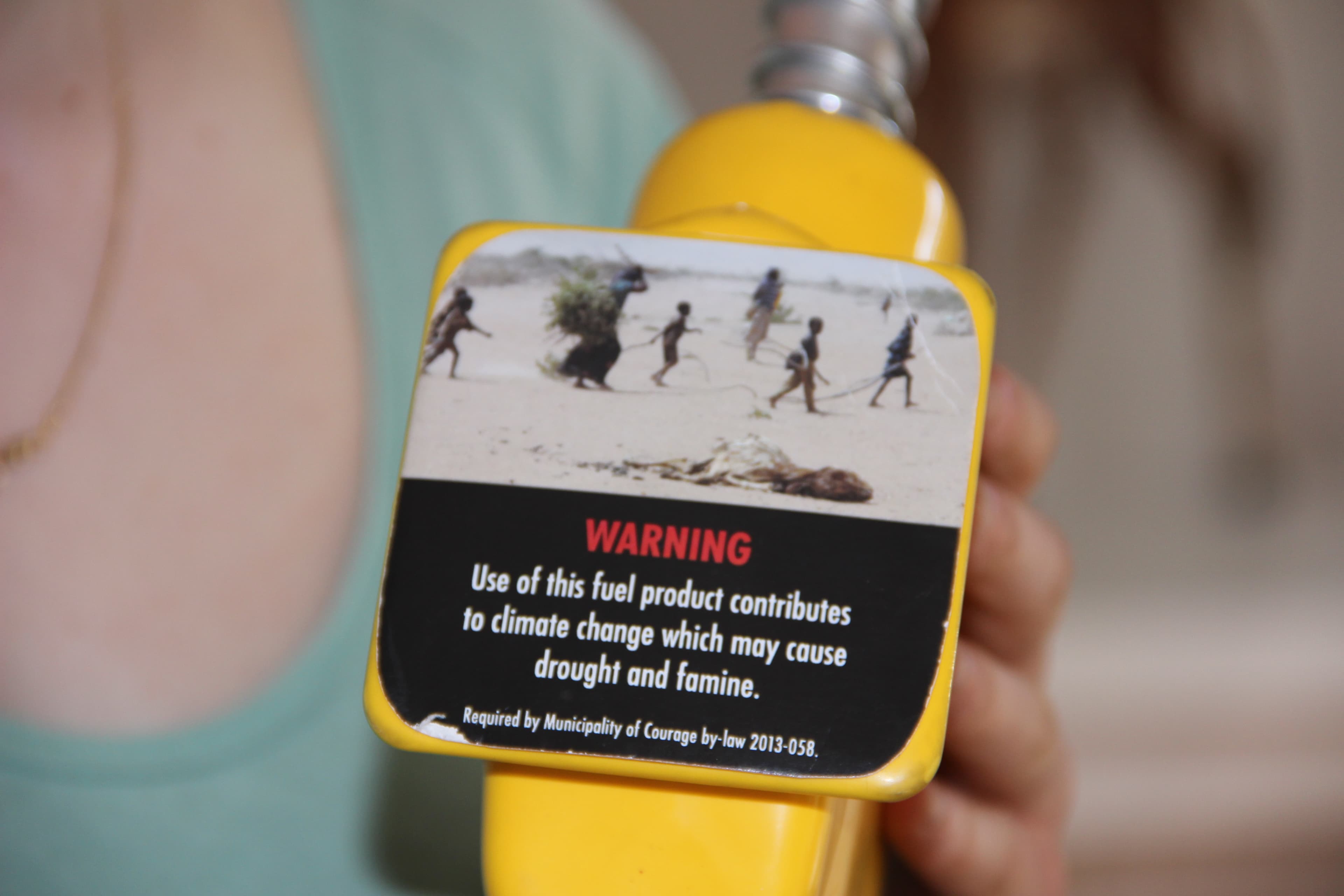 One of the sample gas pump labels created by Our Horizon.