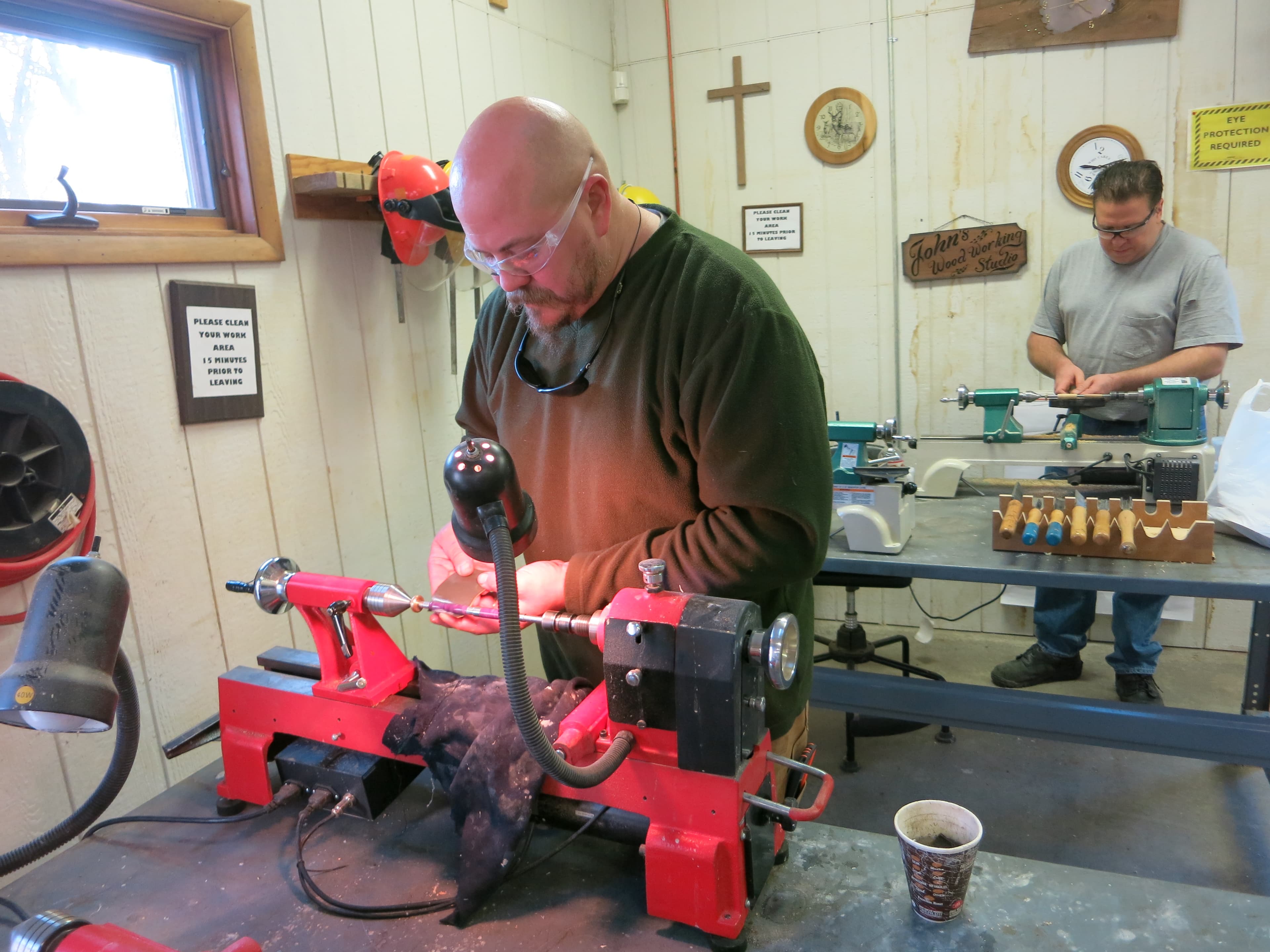 Steelworkers at a woodshop class in Burns Harbor, Indiana. Employees can take classes for personal enrichment as well as to learn new job skills.