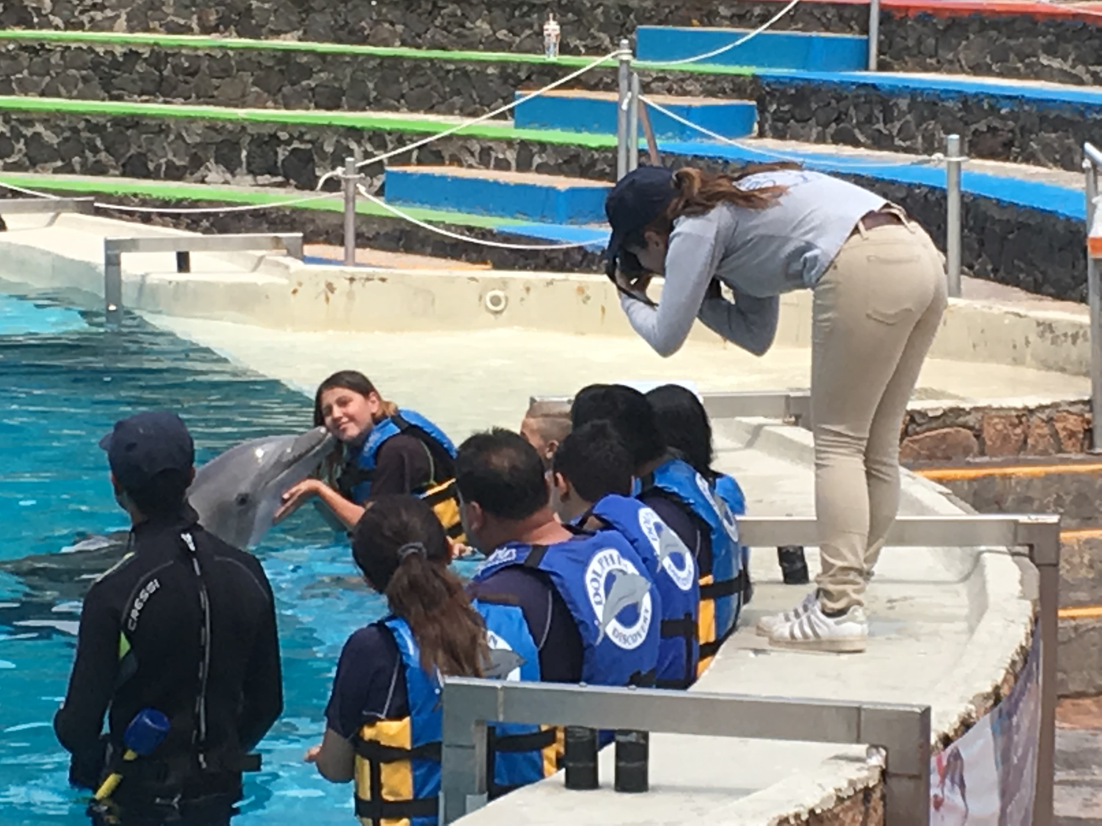a young swimmer poses a dolphin while an adventure park photographer takes a picture.