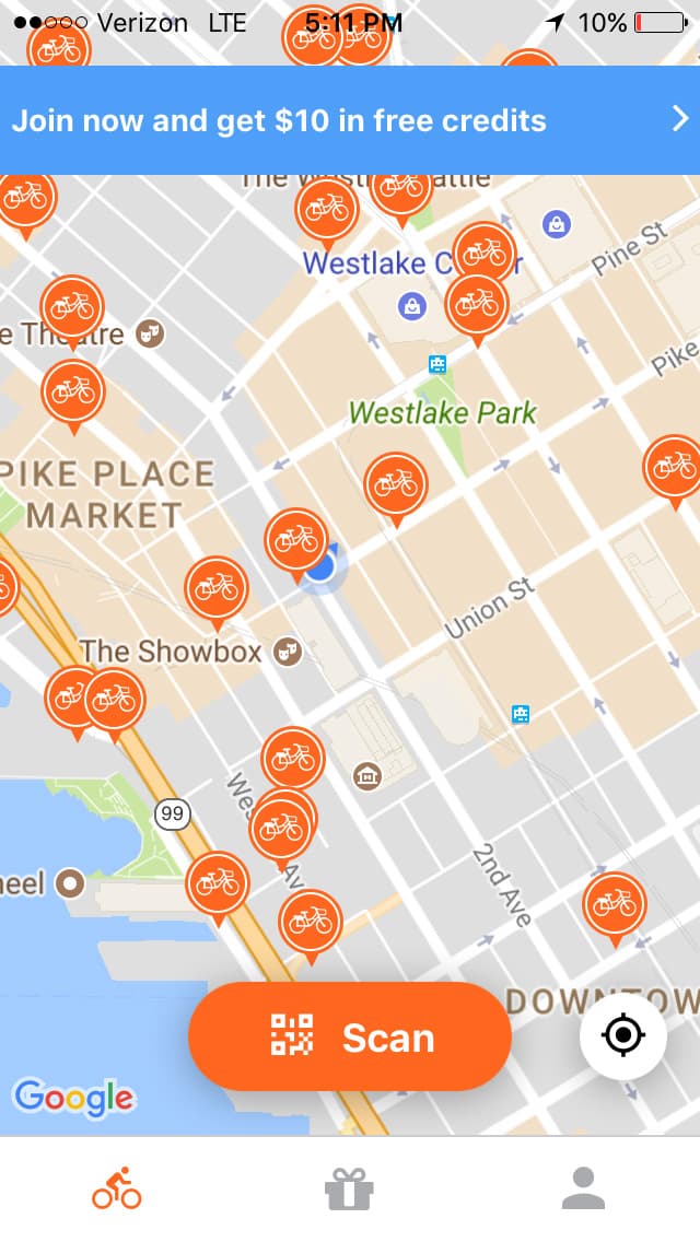 The Spin app shows you where bikes are located nearby. Author note: I was extremely stressed about my phone dying before I could test out a bike.