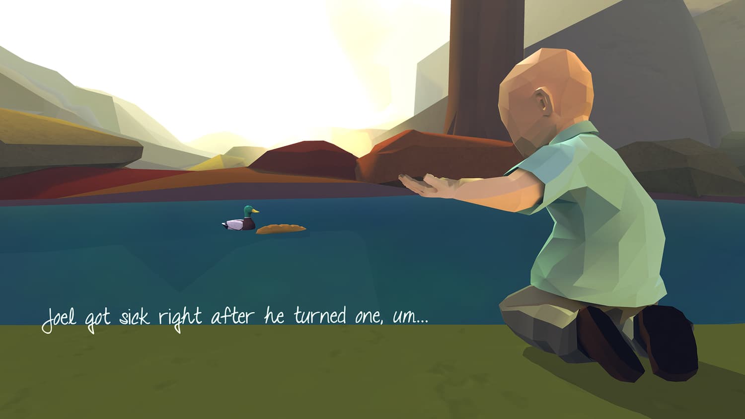 Joel gestures for more bread to throw to a duck in the park.