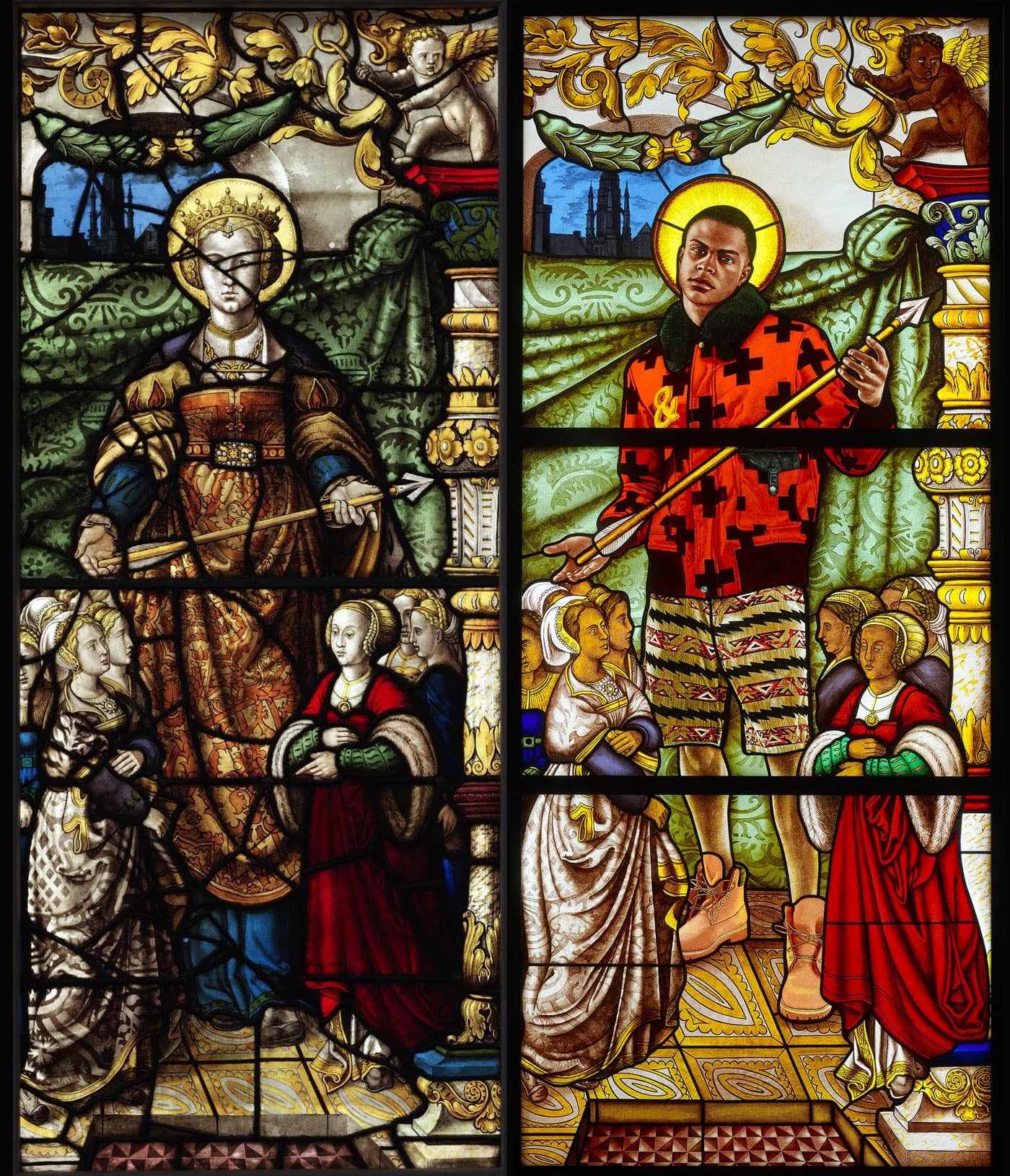 Saint Ursula and the virgin martyrs, original c. 1535 and Kehinde Wiley's version, 2014