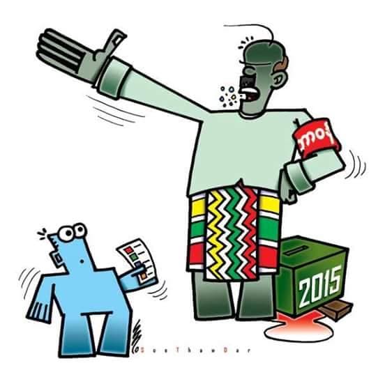 This is a comment on Myanmar's upcoming general elections, scheduled for late October. The guy in front of the ballot box with a Hitler mustache and doing a Nazi salute has the red armband of a Swan Arshin thug. The idea is that the elections may not be f