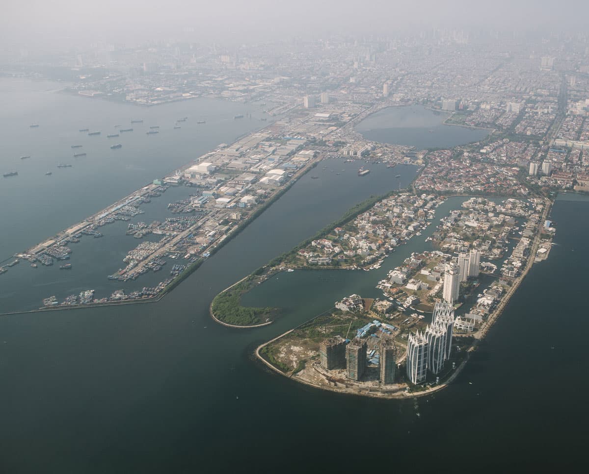 Aerial view of North Jakarta. Nearly all of the northern part of the city is now below sea level.