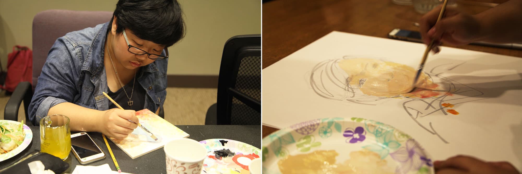 A collage, on left woman painting and on right a photo of an unfinished painting