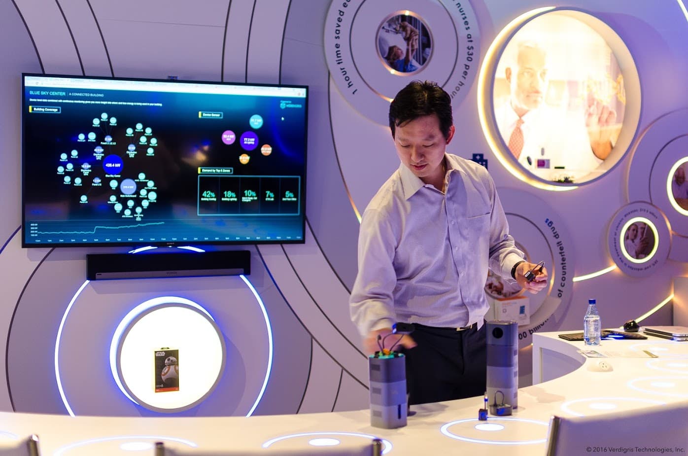 Verdigris founder and CEO Mark Chung shows off the latest version of his energy-sensing system. It’s called “Einstein.”