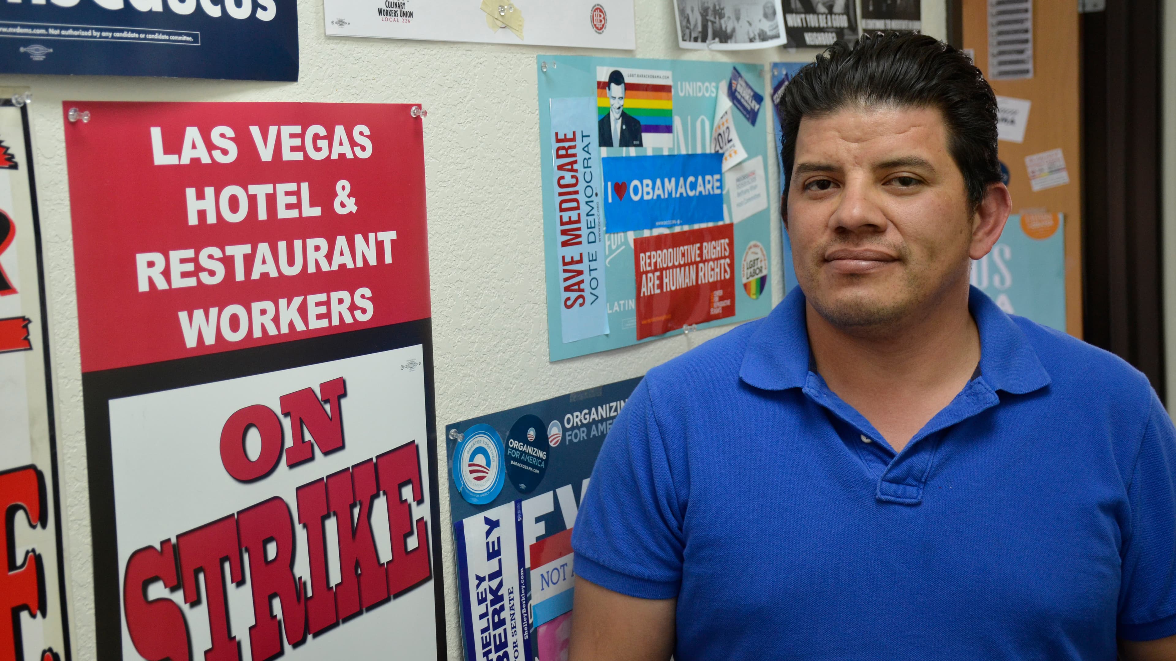 Miguel Funes delivers room service at the Trump hotel and the Mandalay Bay, a union property. He earns $4.50 more per hour for the same job at the union hotel.