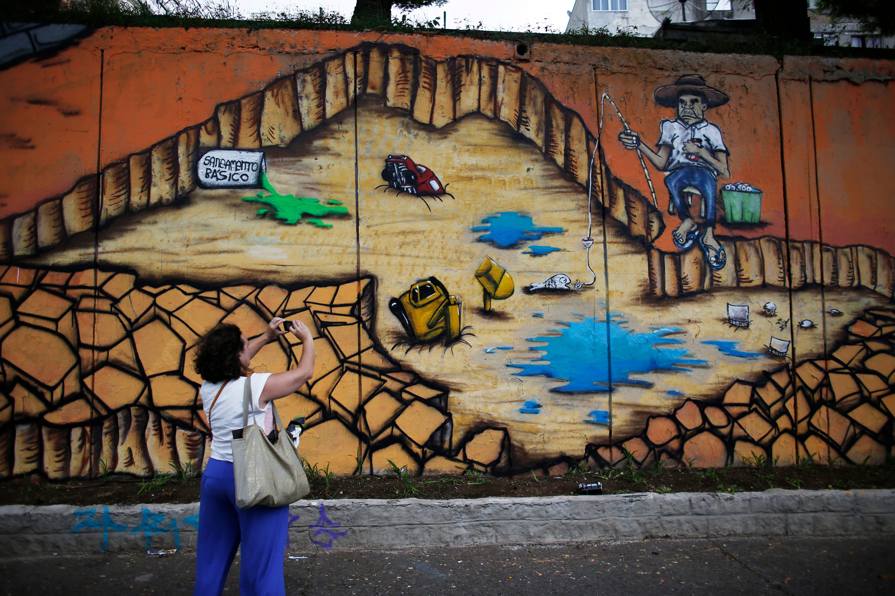 A mural by Brazilian artist Subtu highlights the issue of severe water shortages in São Paulo. After bottoming out at below 10%, reservoir levels are still below 20% of capacity heading into the region's dry season.