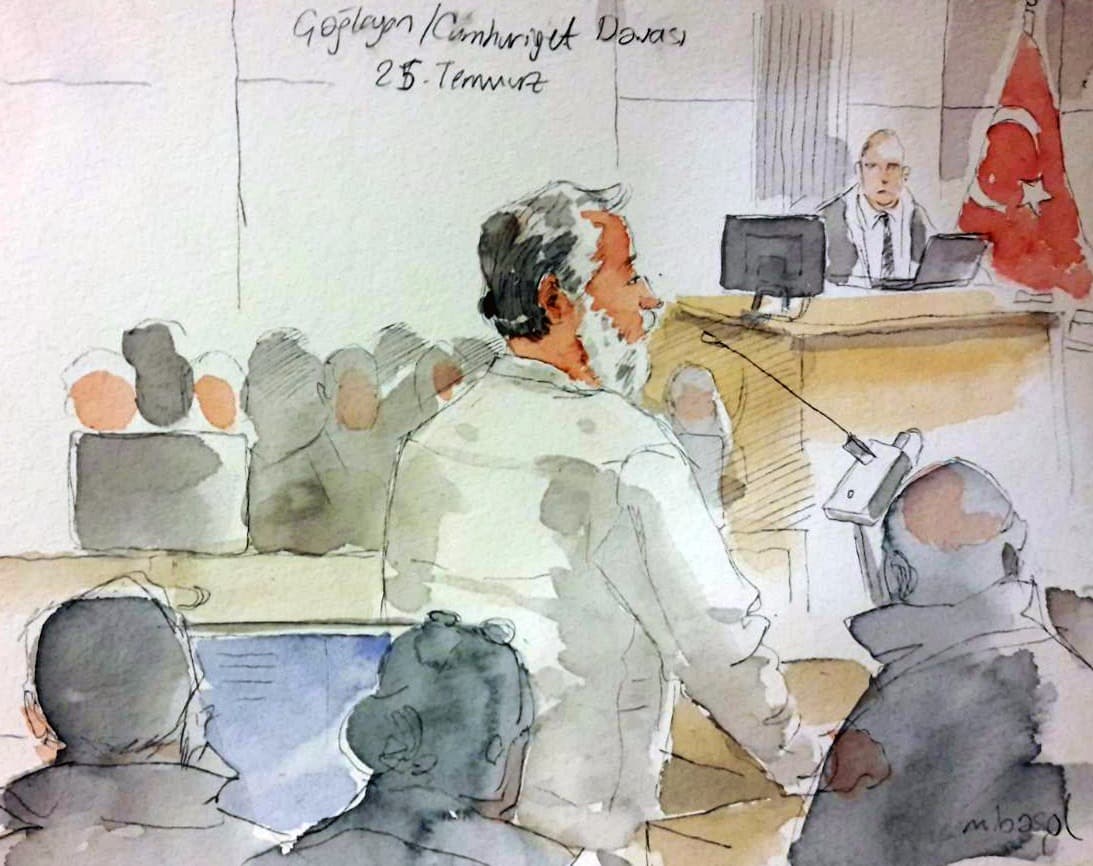 Cumhuriyet Editor-in-Chief Murat Sabuncu addresses the court during trial in a case targeting 17 Cumhuriyet journalists and executives in Istanbul on July 25. He remains in jail.