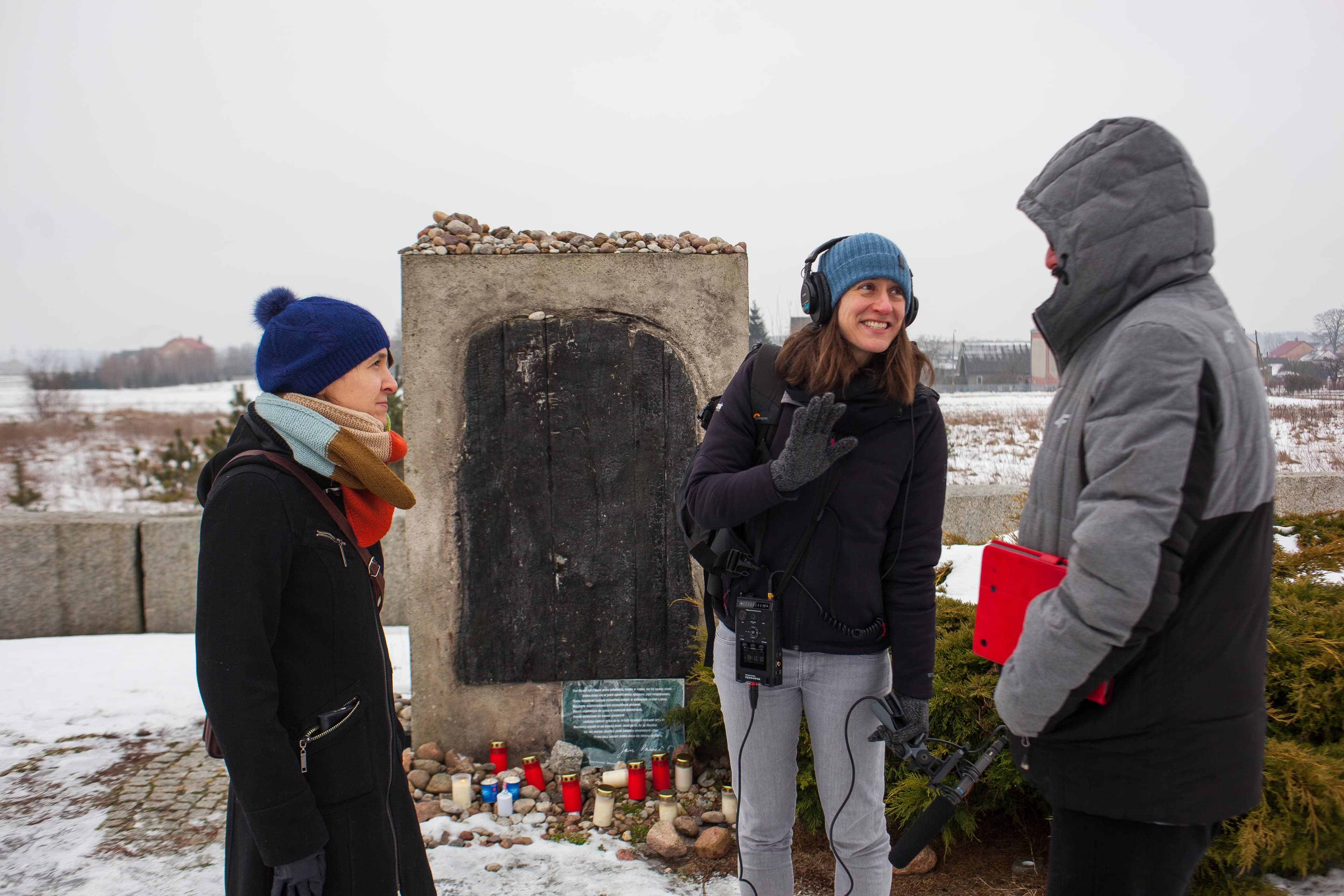 The World's Nina Porzucki (center), reporting in Jedwabne, Poland
