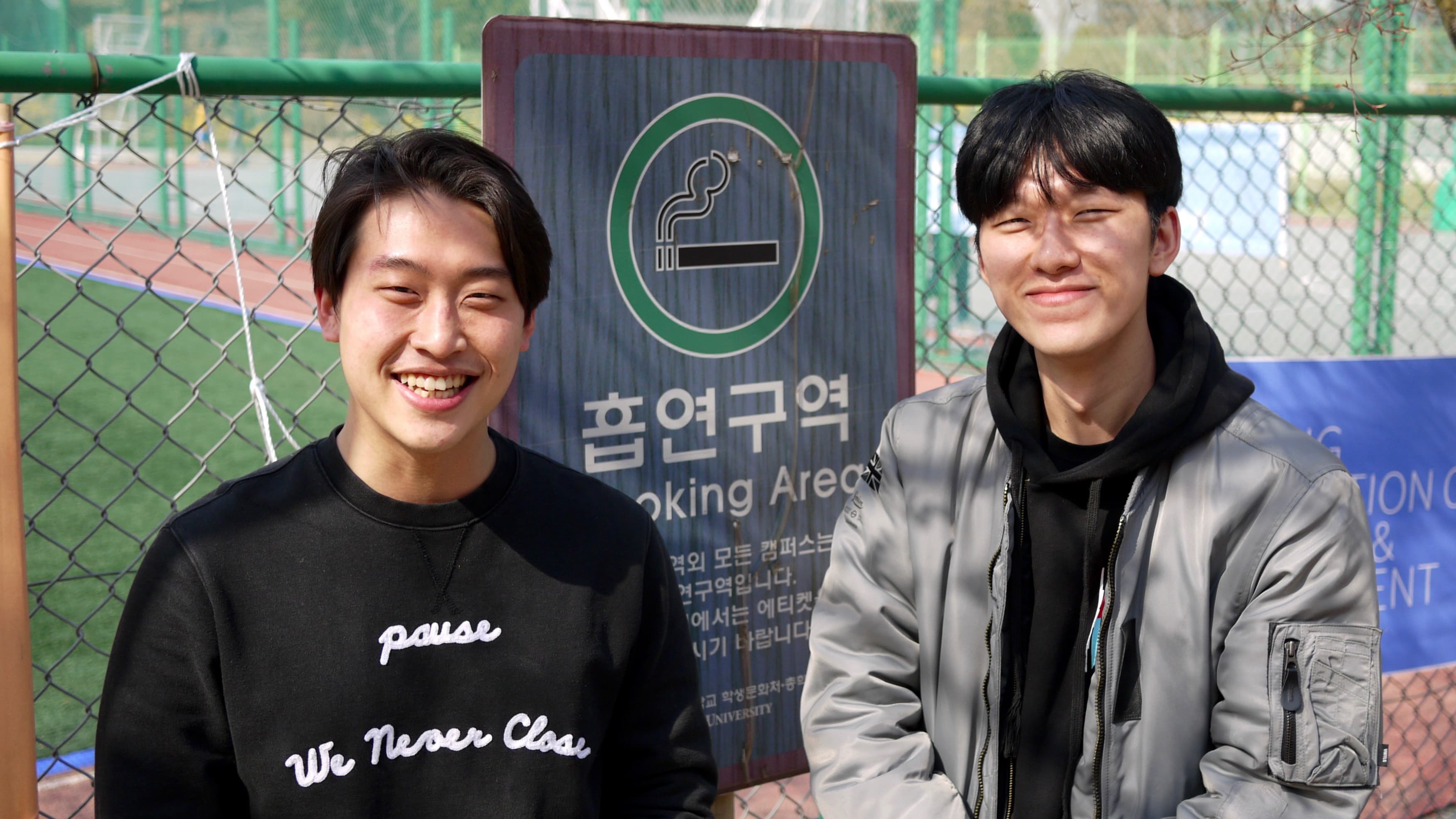 Un Hyo-jun (left) and Song Yun-ho study mechanical engineering at Sogang University, and they say individual concerns – like getting their careers started and finding a wife – are more worrisome to them than threats posed by North Korea.