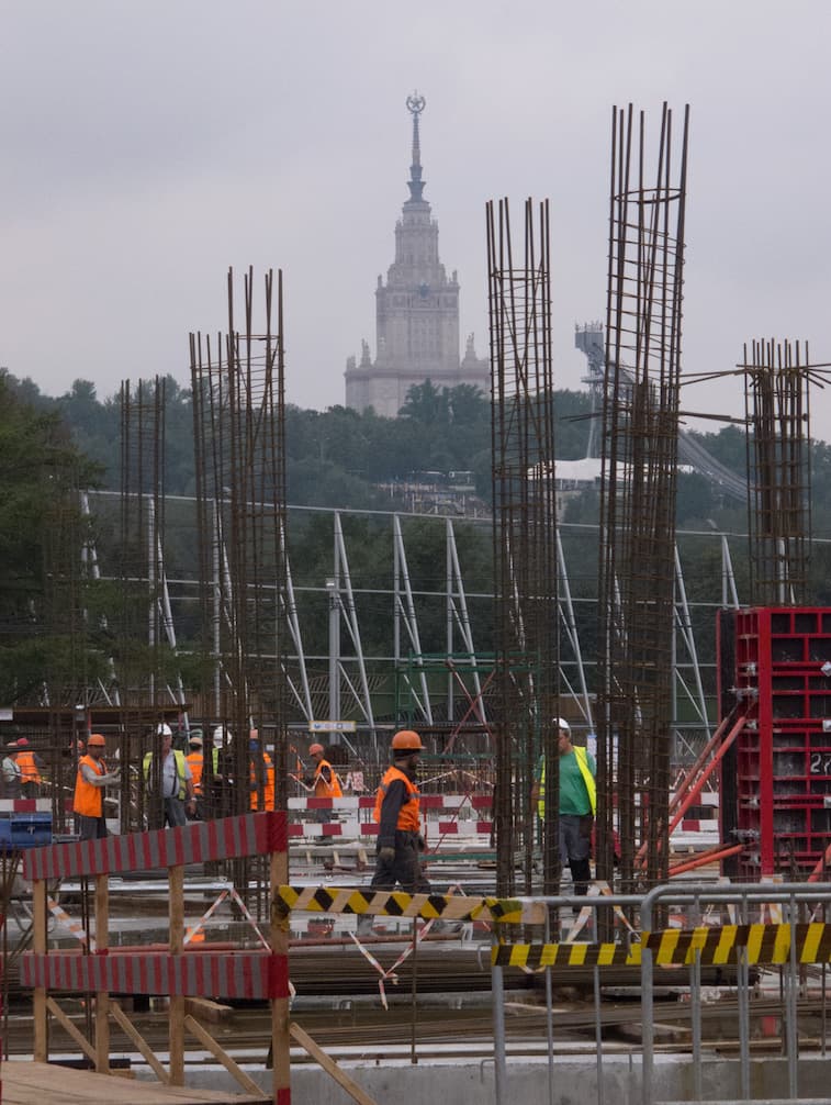 Construction workers outside Luzhniki Stadium in Moscow.