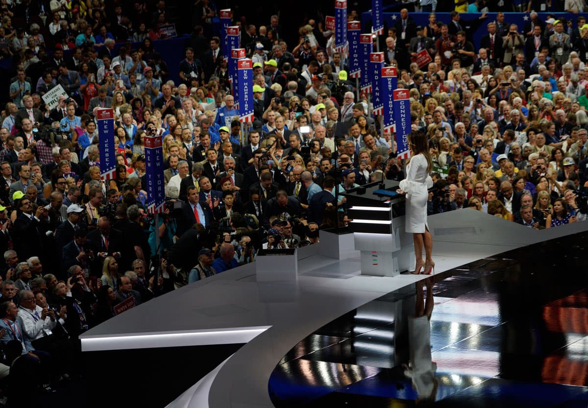 Melania Trump speaks at the Monday. Her speech raised questions about plagarism after many noticed similarities to a speech by Michelle Obama in 2008.