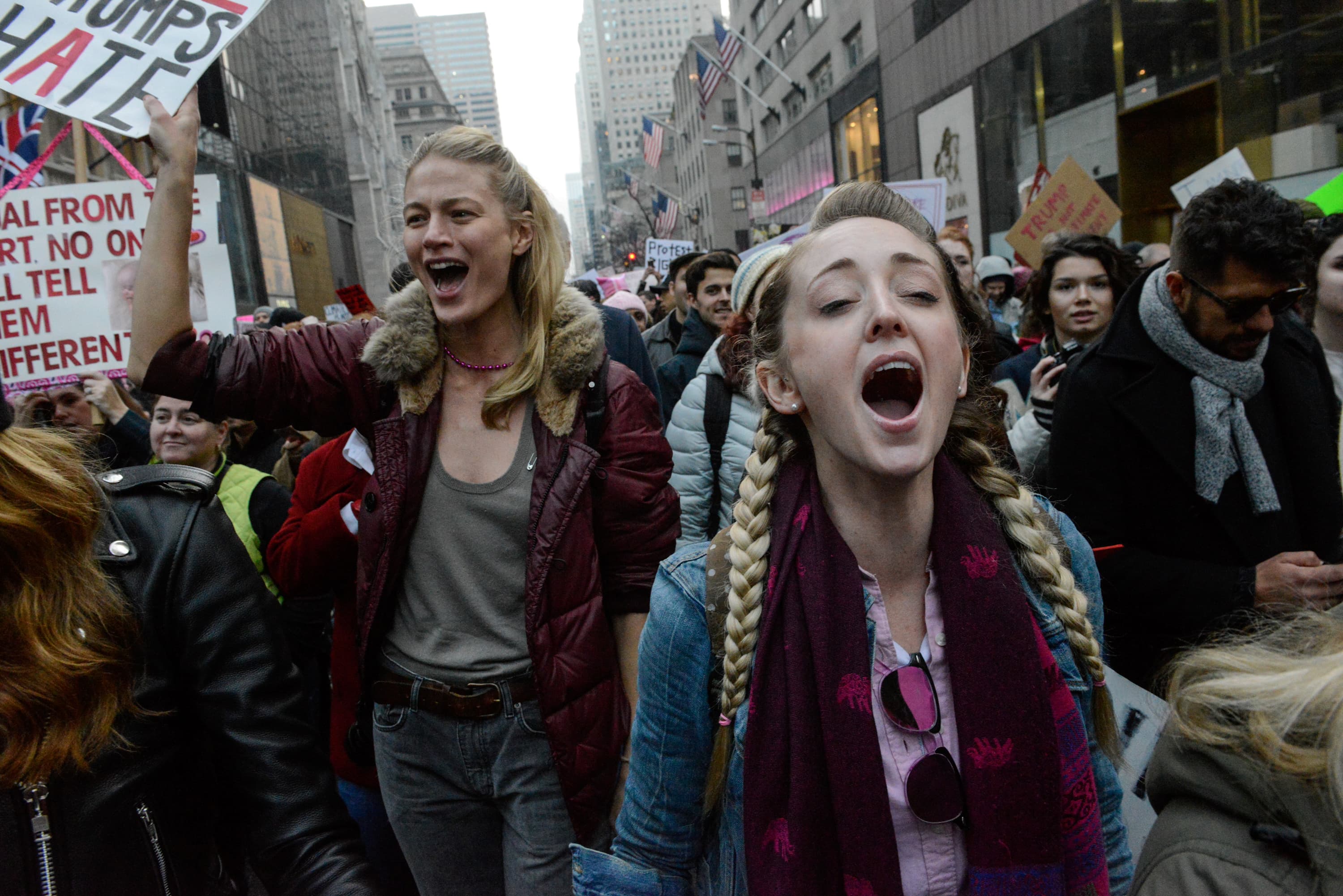 People participate in a Women's March to protest against President Donald Trump in New York City, January 21, 2017.