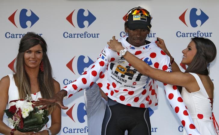 MTN-Qhubeka rider Daniel Teklehaimanot of Eritrea wears the best climber jersey.