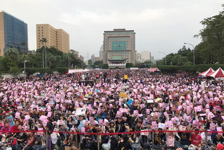 Supporters of same-sex marriage take part in a rally outside the presidential office building in Taipei, Taiwan on Dec. 10.
