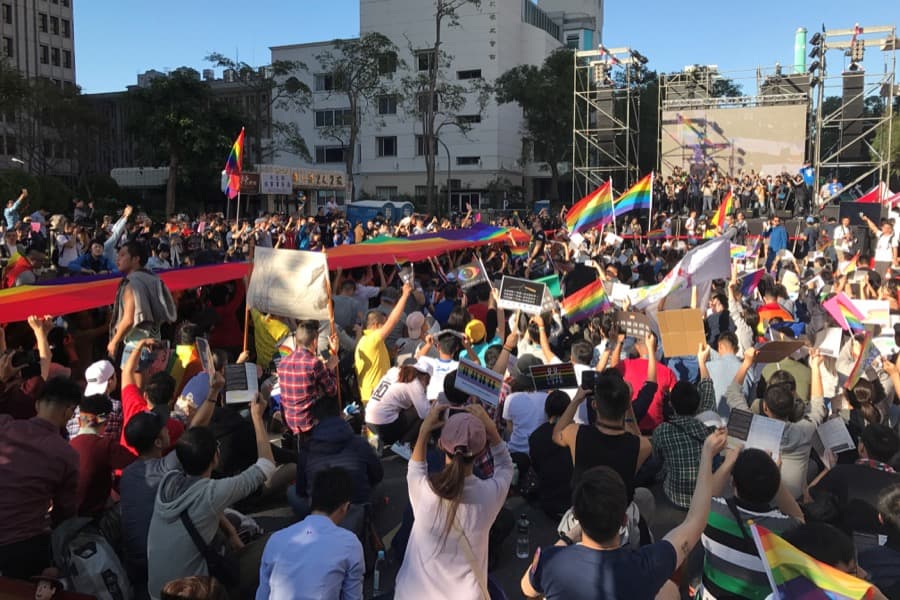 Supporters of same-sex marriage take part in a rally outside the Legislative Yuan in Taipei, Taiwan on Dec. 26.