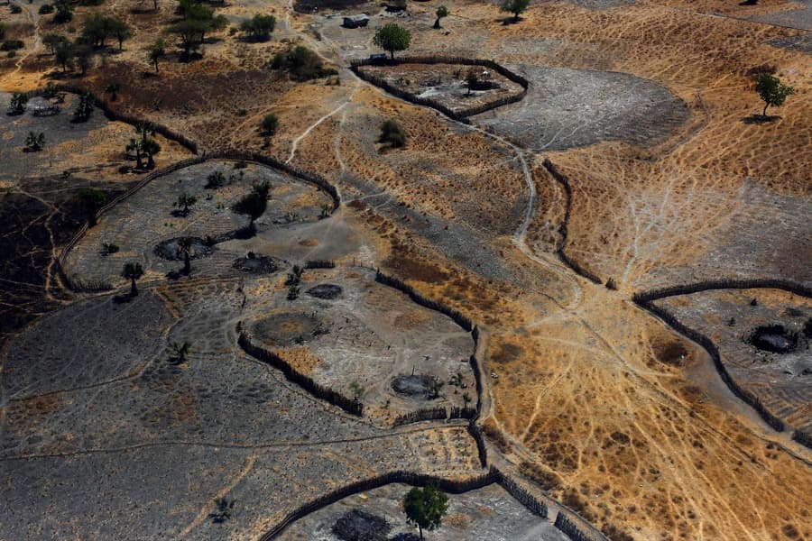 The remains of burned homes from what residents said was an attack by armed men in Thonyor, Leer County, South Sudan, photographed on Feb. 23.