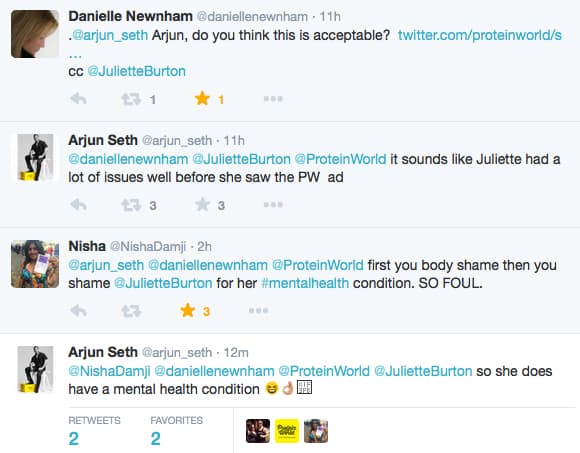 Twitter exchange over Protein world ads