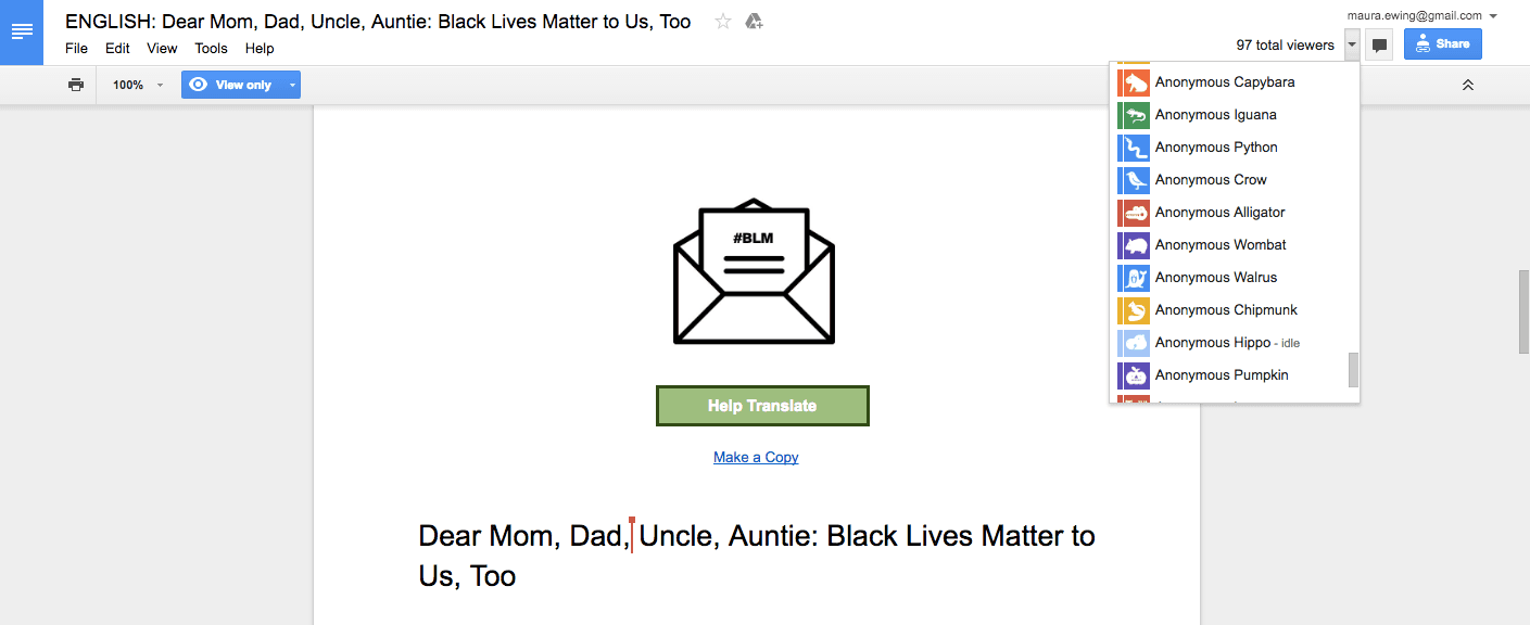 Envelope, request to help translate and users on a Google document