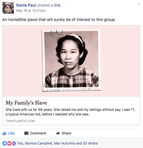 Screenshot of Facebook post with link to 