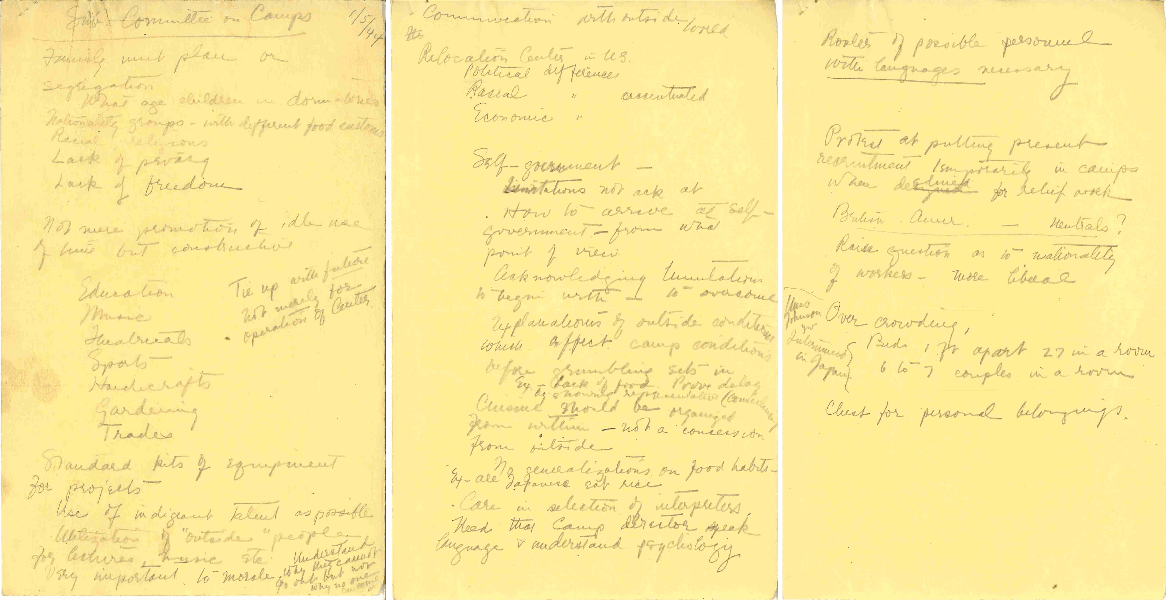 Three yellow pages with handwritten notes