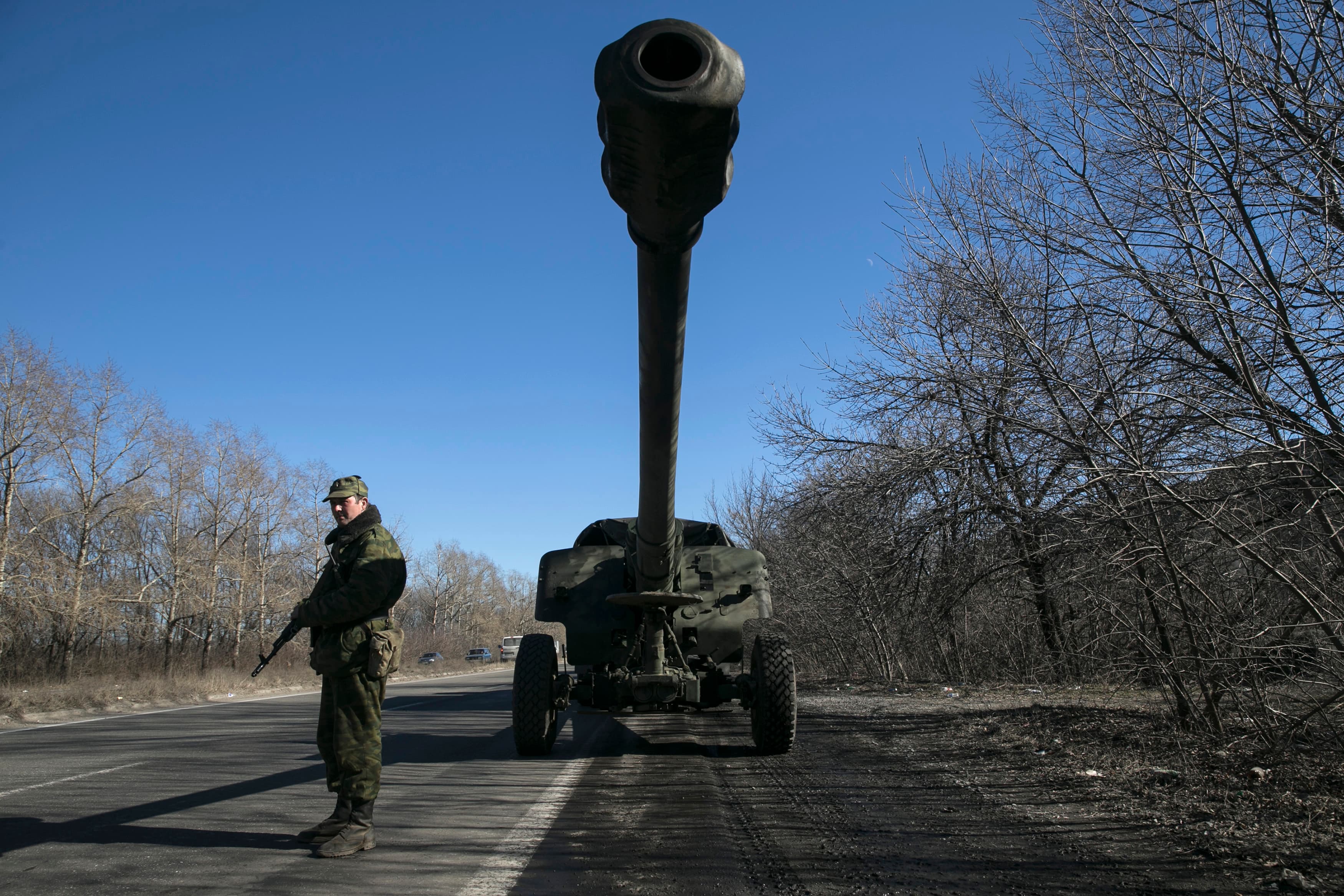 An armed man stands near a truck of the separatist self-proclaimed Donetsk People's Republic army towing a mobile artillery cannon, as they pull back from Donetsk, February 24, 2015.